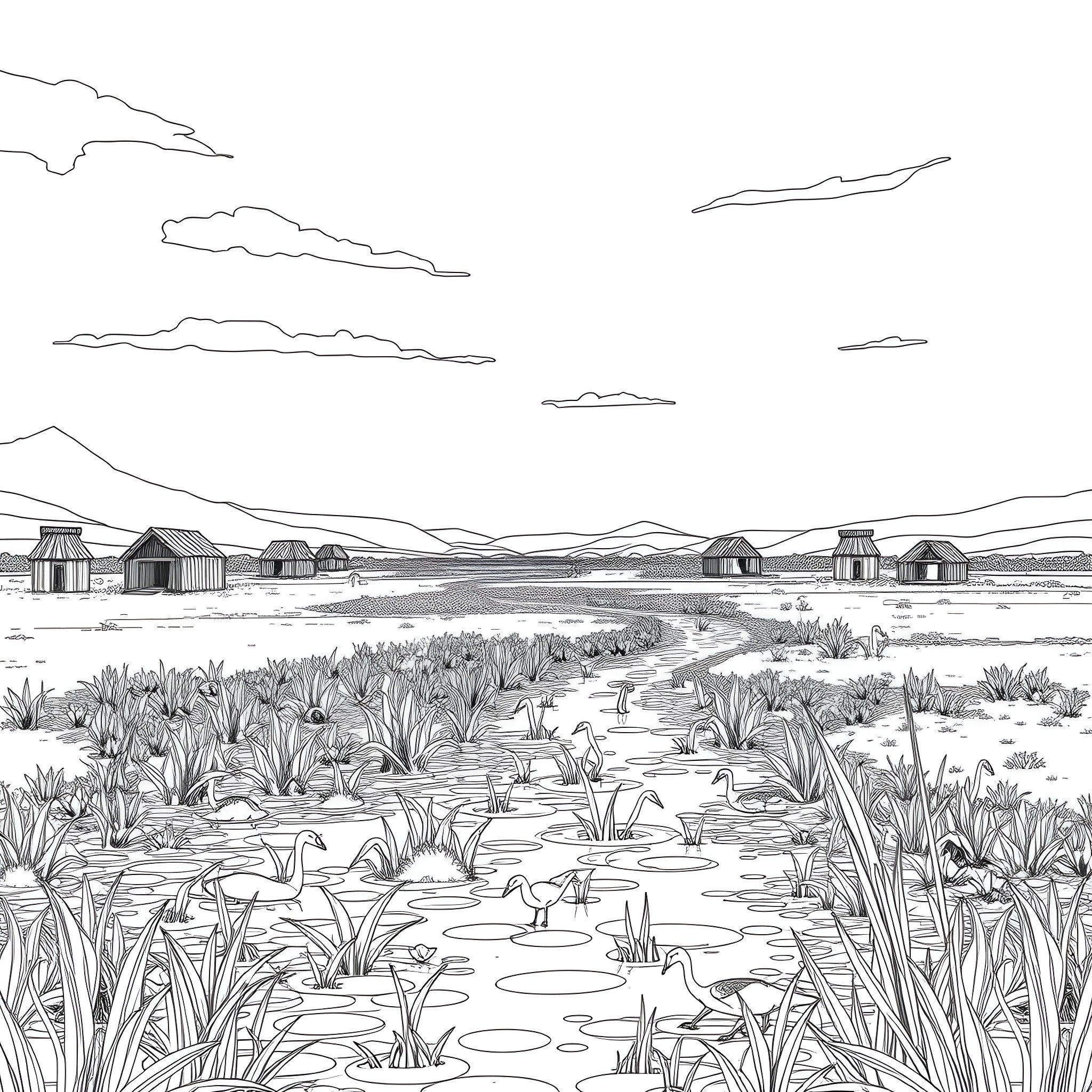 Ahwar: Serene Landscape with Wetland Dwellings Coloring Page (free black-and-white line drawing printable PDF for all, from beginners to advanced learners, including children, teens, adults, and seniors)