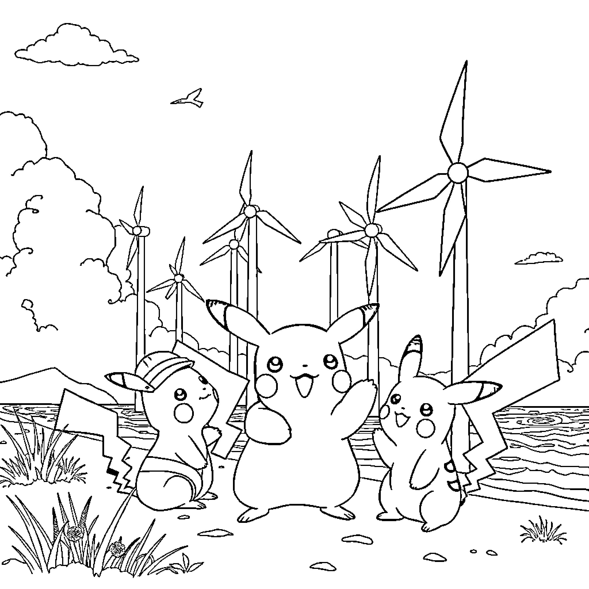 Pikachu and friends enjoy a scenic landscape Coloring Page (free black-and-white line drawing printable PDF for all, from beginners to advanced learners, including children, teens, adults, and seniors)