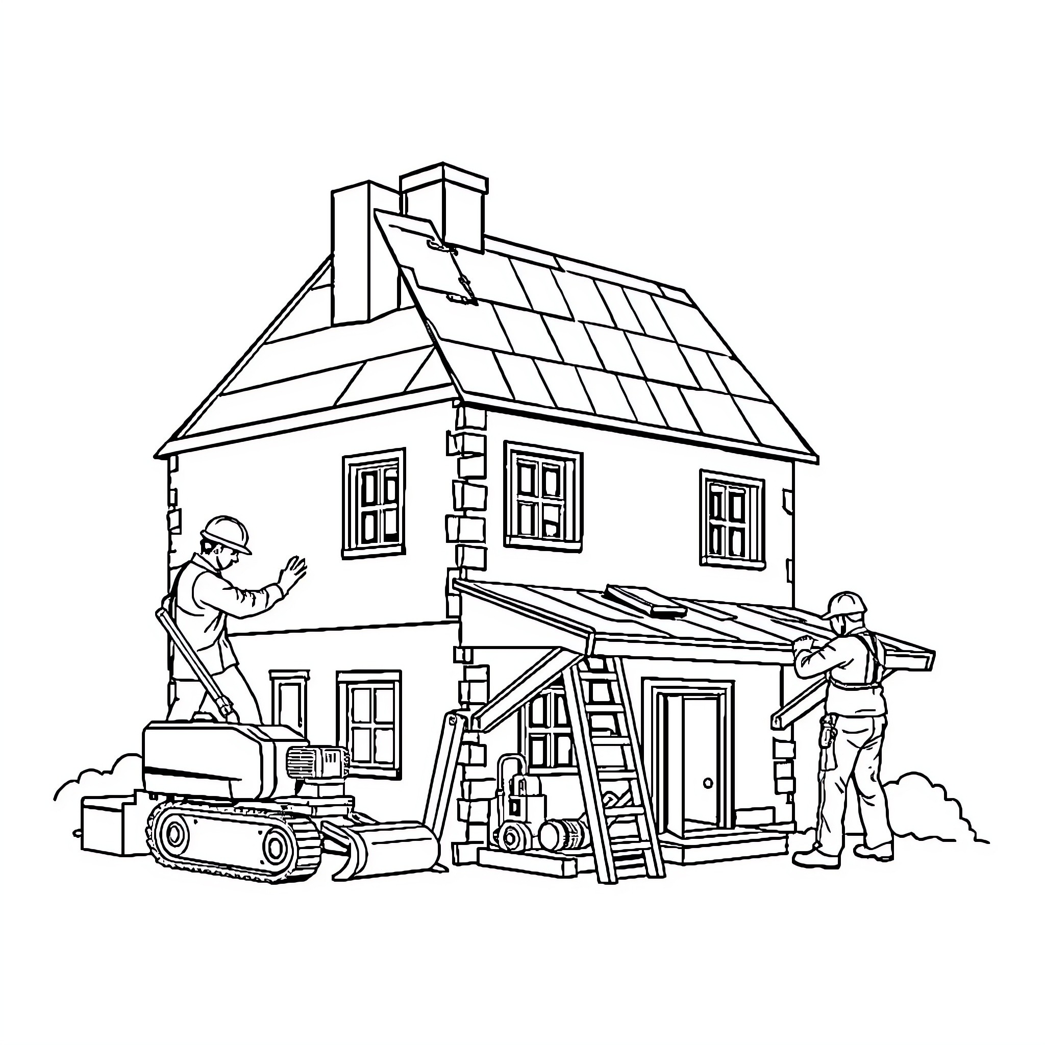 Toit Home Renovation Project with Construction Workers Coloring Page (free black-and-white line drawing printable PDF for all, from beginners to advanced learners, including children, teens, adults, and seniors)