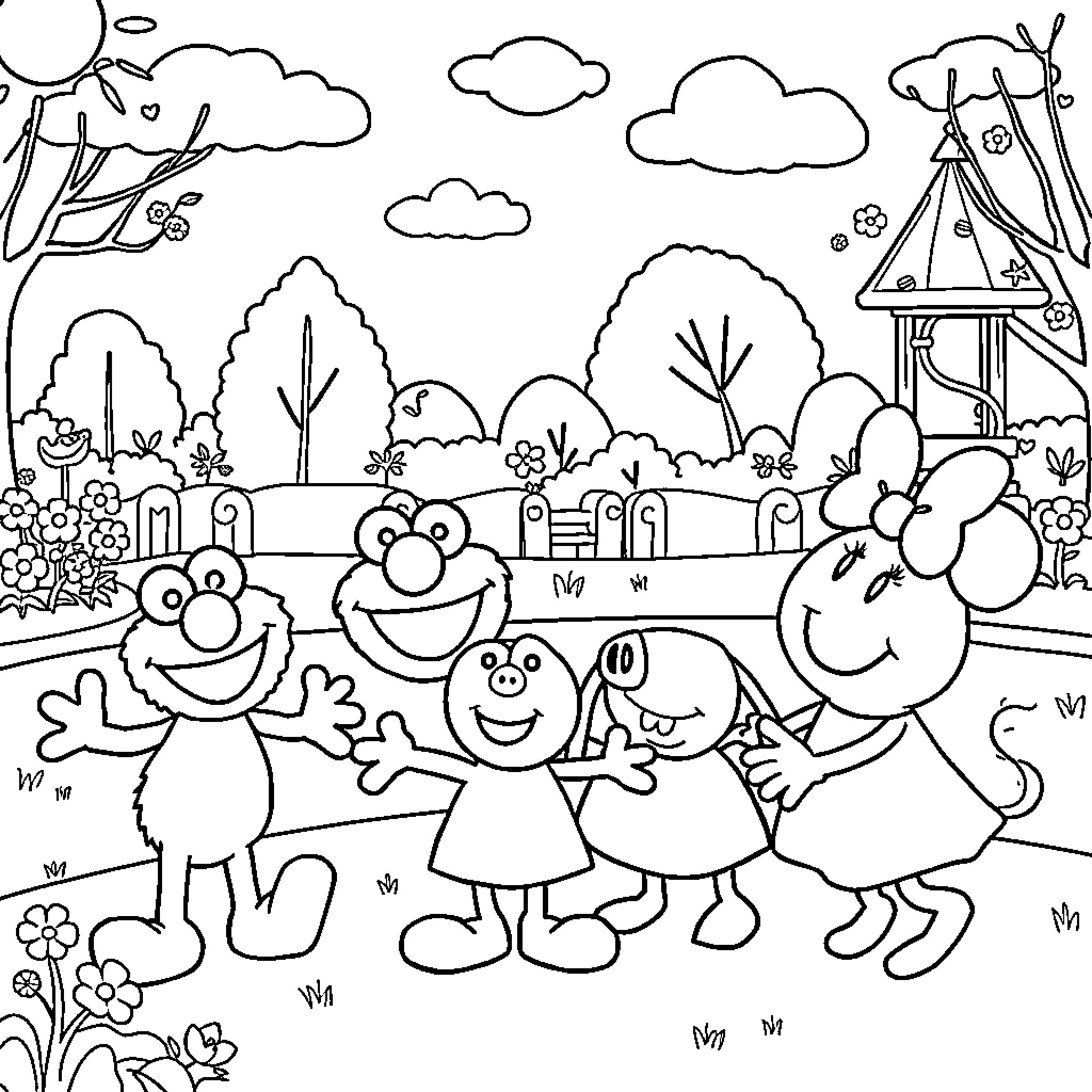 Character playing in a whimsical outdoor scene Coloring Page (free black-and-white line drawing printable PDF for all, from beginners to advanced learners, including children, teens, adults, and seniors)