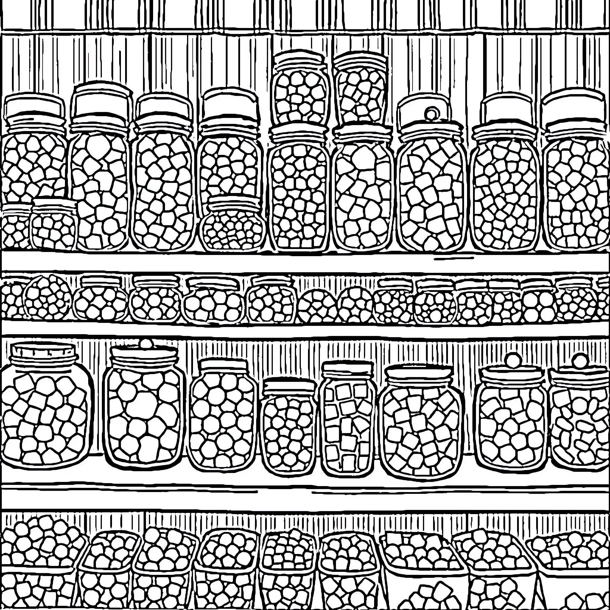 Candy Jars Filled with Assorted Treats Coloring Page (free black-and-white line drawing printable PDF for all, from beginners to advanced learners, including children, teens, adults, and seniors)