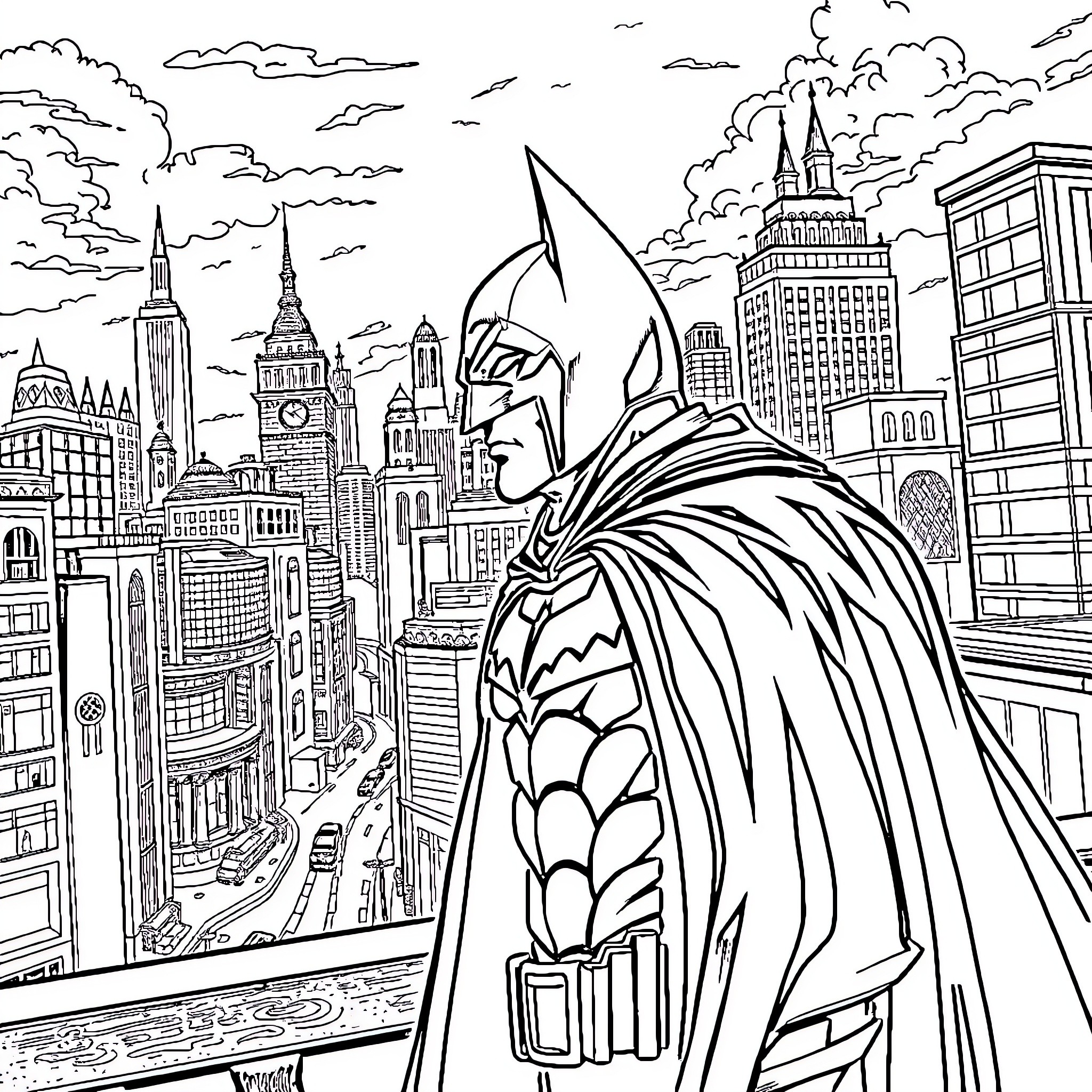 Batman overlooking the city skyline Coloring Page (free black-and-white line drawing printable PDF for all, from beginners to advanced learners, including children, teens, adults, and seniors)