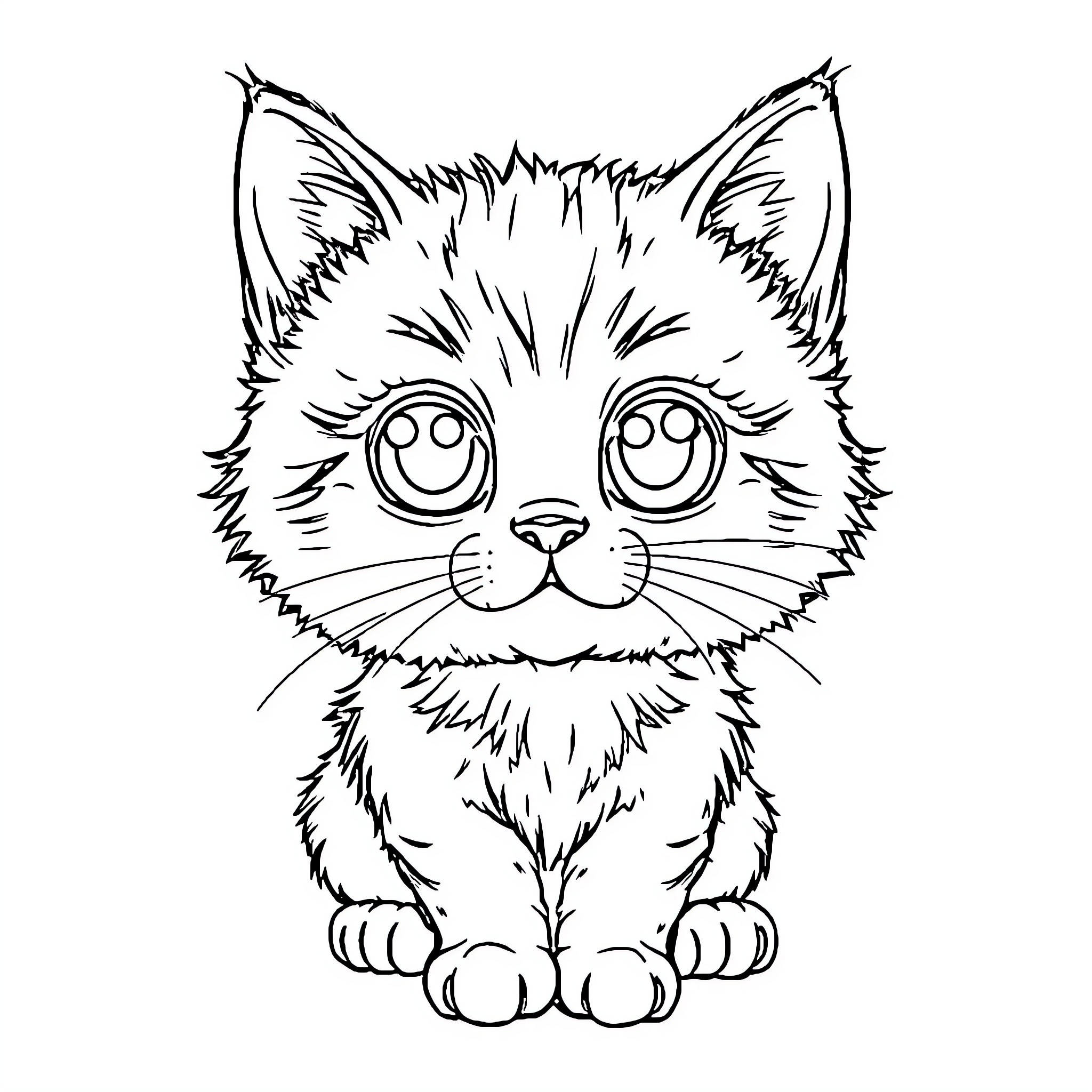 Kitty with Expressive Eyes and Fuzzy Appearance Coloring Page (free black-and-white line drawing printable PDF for all, from beginners to advanced learners, including children, teens, adults, and seniors)