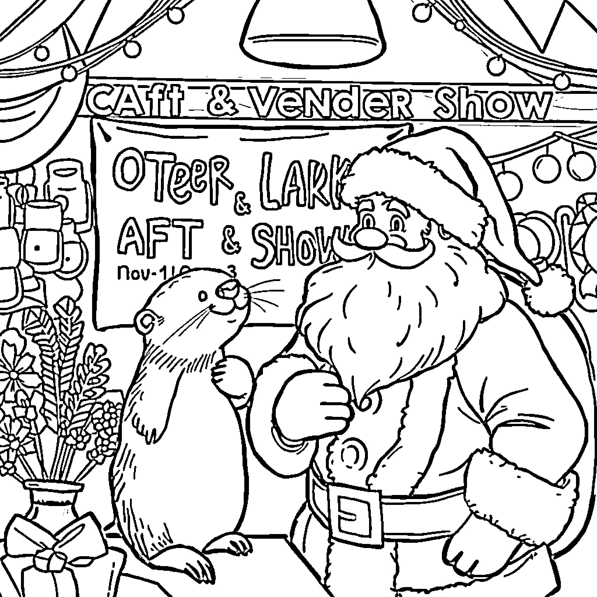 Otter & Vendor Show: Otter and Santa Artwork Coloring Page (free black-and-white line drawing printable PDF for all, from beginners to advanced learners, including children, teens, adults, and seniors)