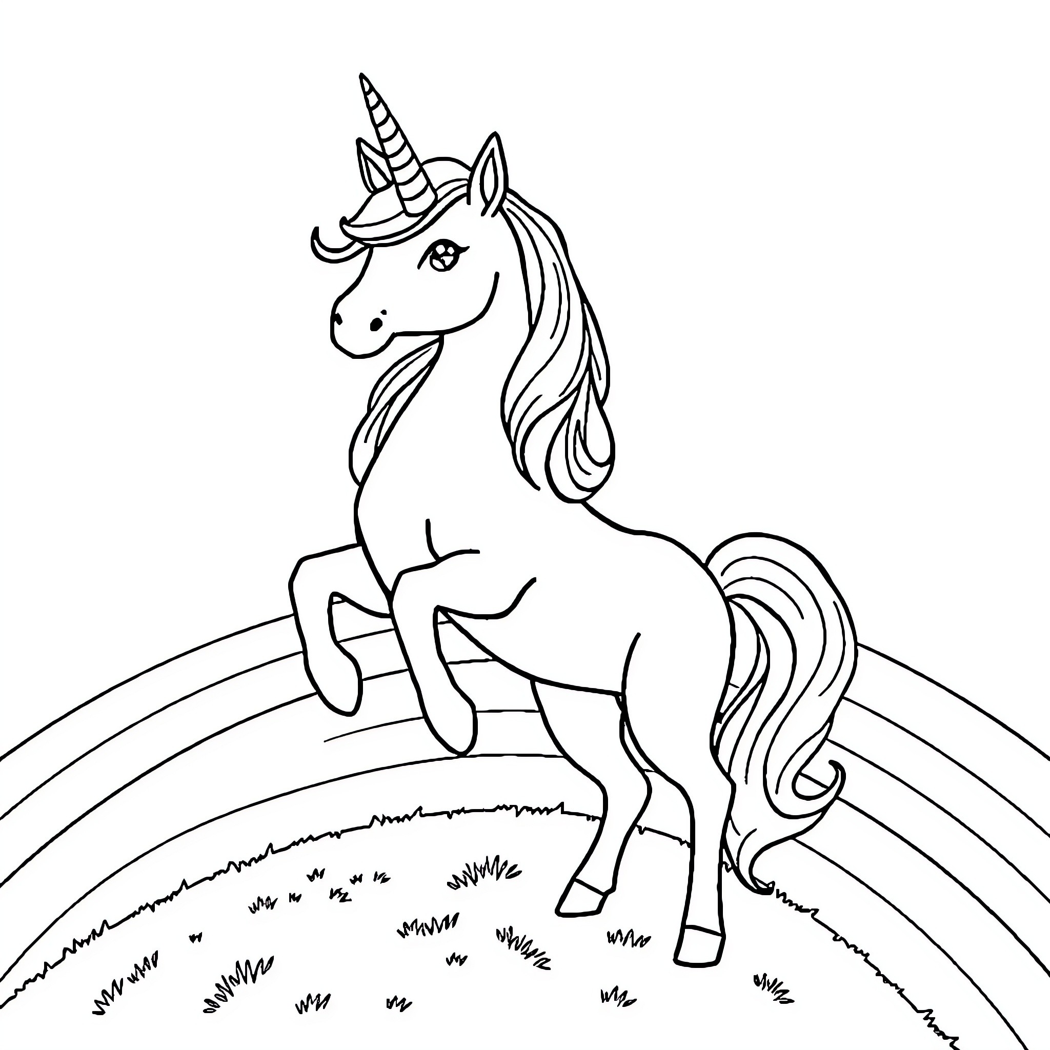 Unicorn resting peacefully on a grassy field Coloring Page (free black-and-white line drawing printable PDF for all, from beginners to advanced learners, including children, teens, adults, and seniors)