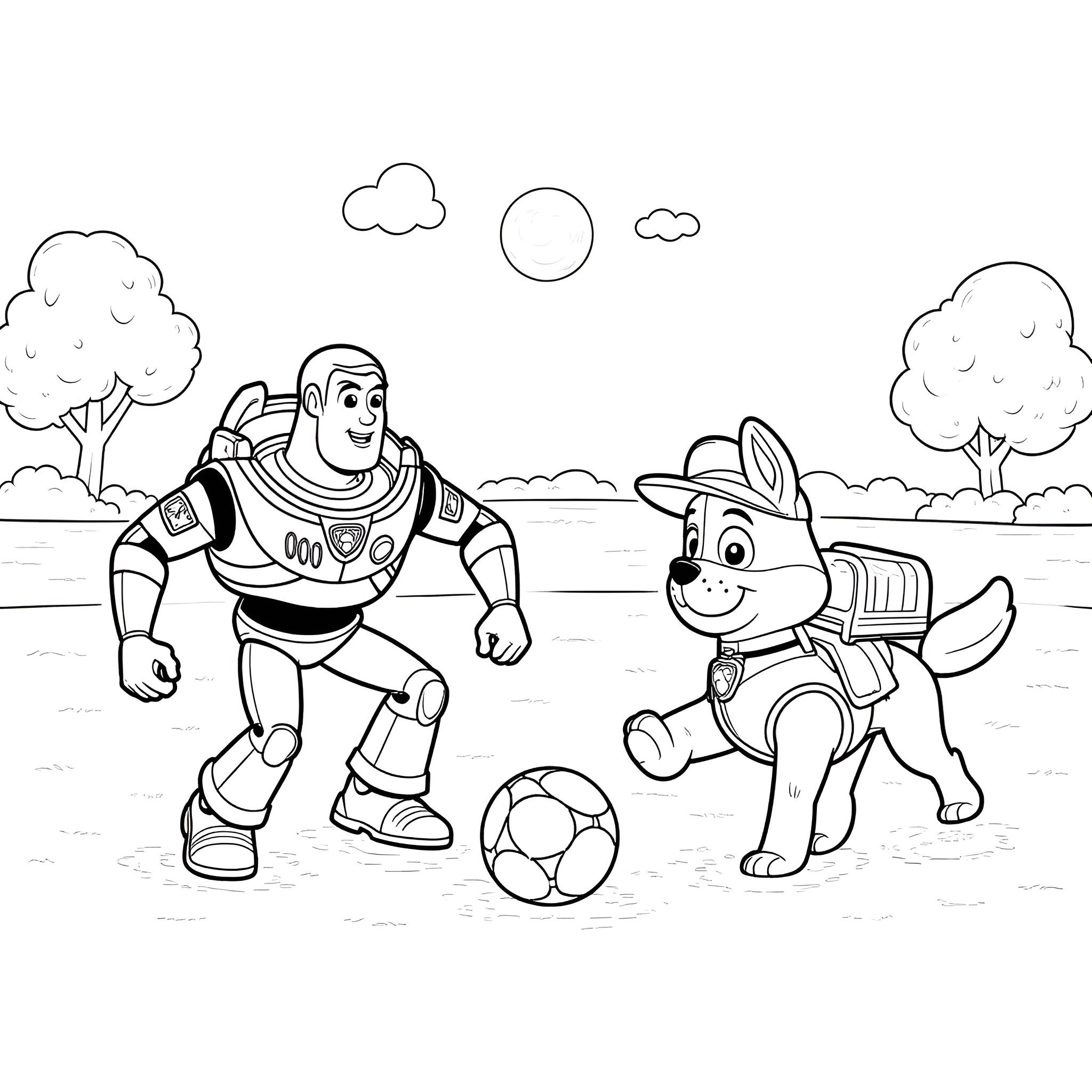 Buzz Lightyear playing soccer with a dog Coloring Page (free black-and-white line drawing printable PDF for all, from beginners to advanced learners, including children, teens, adults, and seniors)