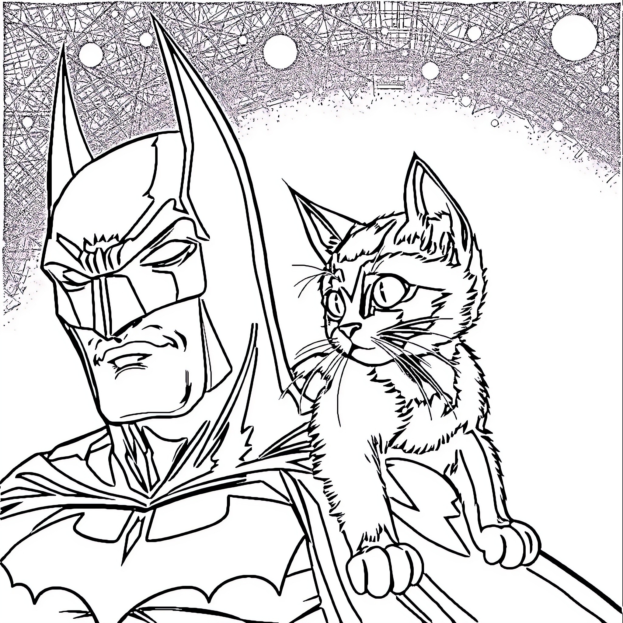 Cat hero and sidekick in the night Coloring Page (free black-and-white line drawing printable PDF for all, from beginners to advanced learners, including children, teens, adults, and seniors)