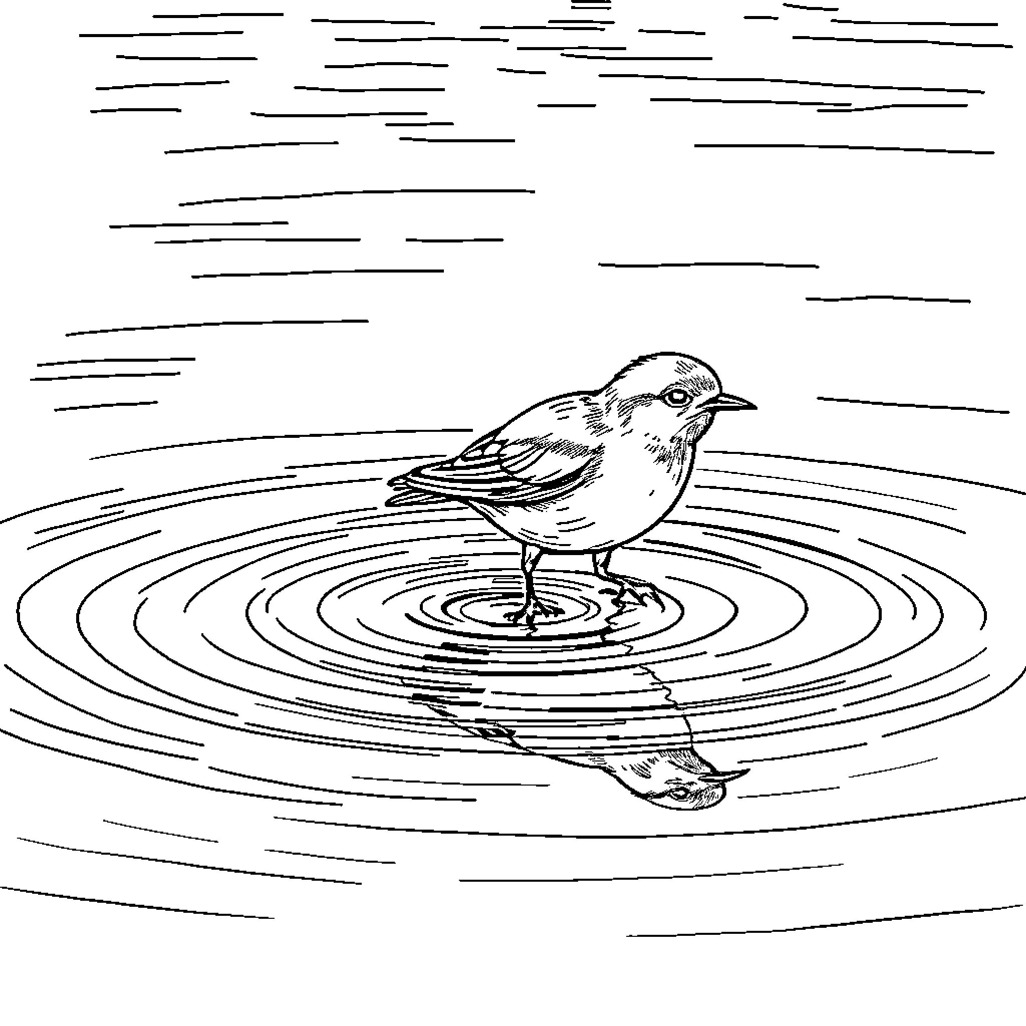 Bird landing on rippling water Coloring Page (free black-and-white line drawing printable PDF for all, from beginners to advanced learners, including children, teens, adults, and seniors)