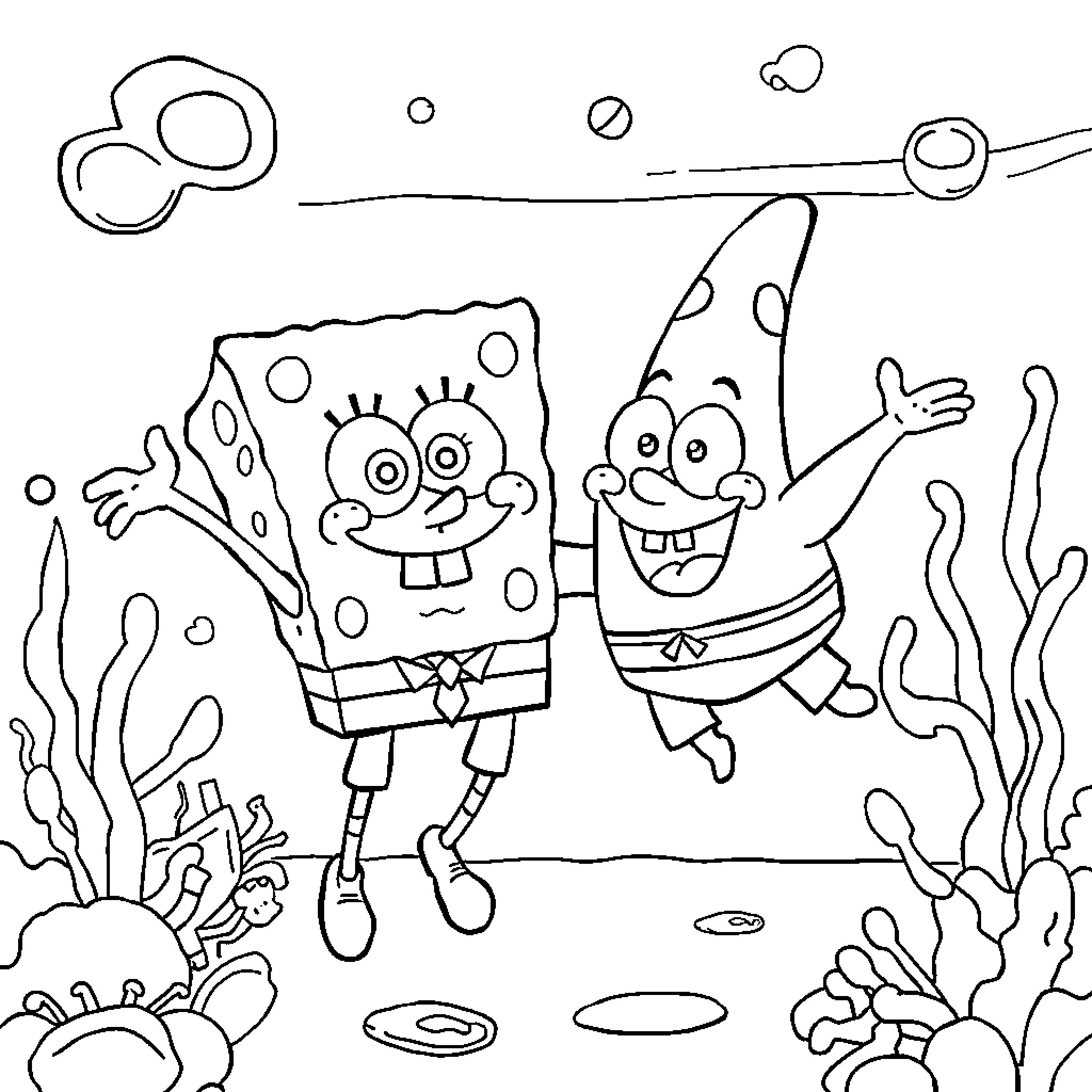 Spongebob and Patrick having fun underwater Coloring Page (free black-and-white line drawing printable PDF for all, from beginners to advanced learners, including children, teens, adults, and seniors)
