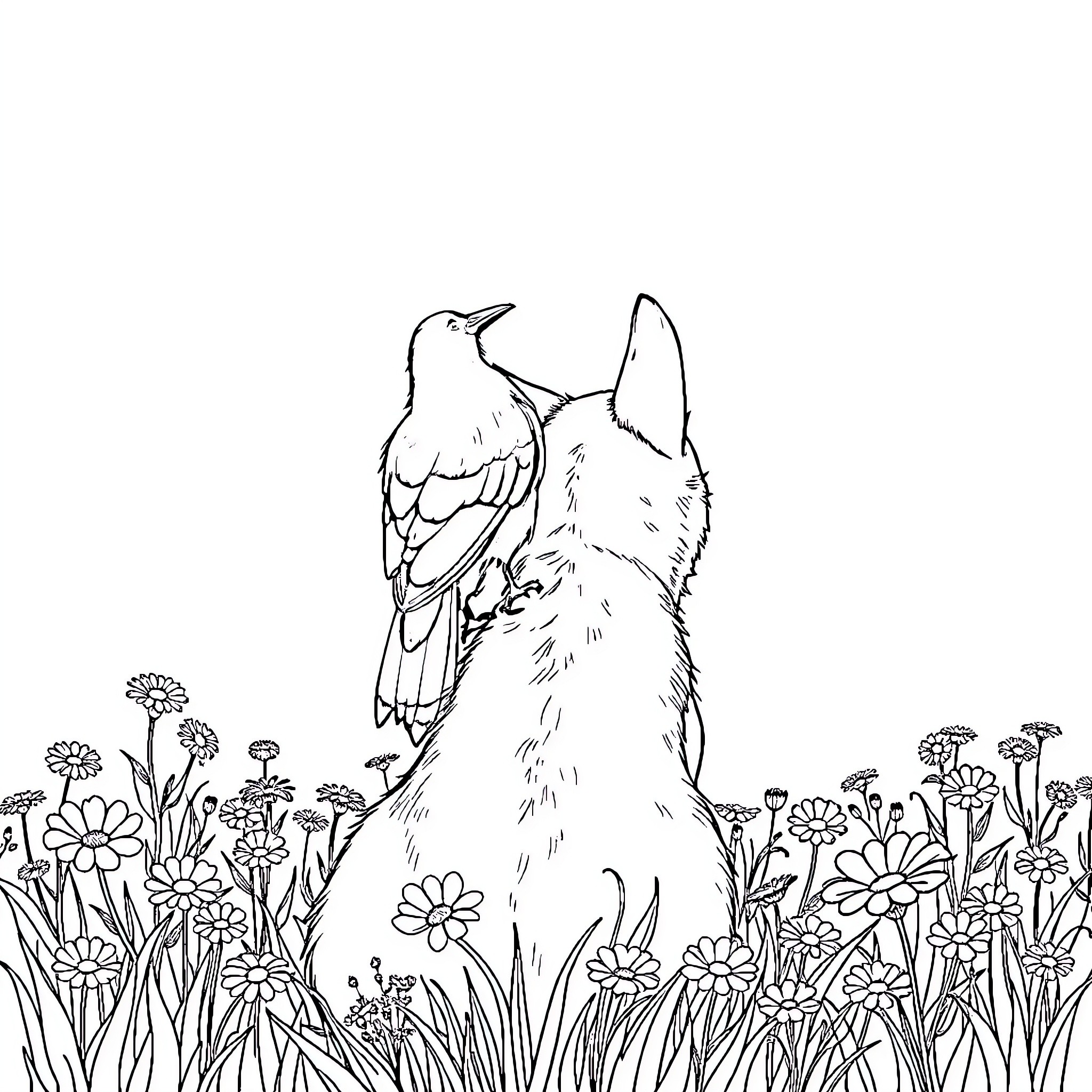 Fox standing among whimsical flowers Coloring Page (free black-and-white line drawing printable PDF for all, from beginners to advanced learners, including children, teens, adults, and seniors)