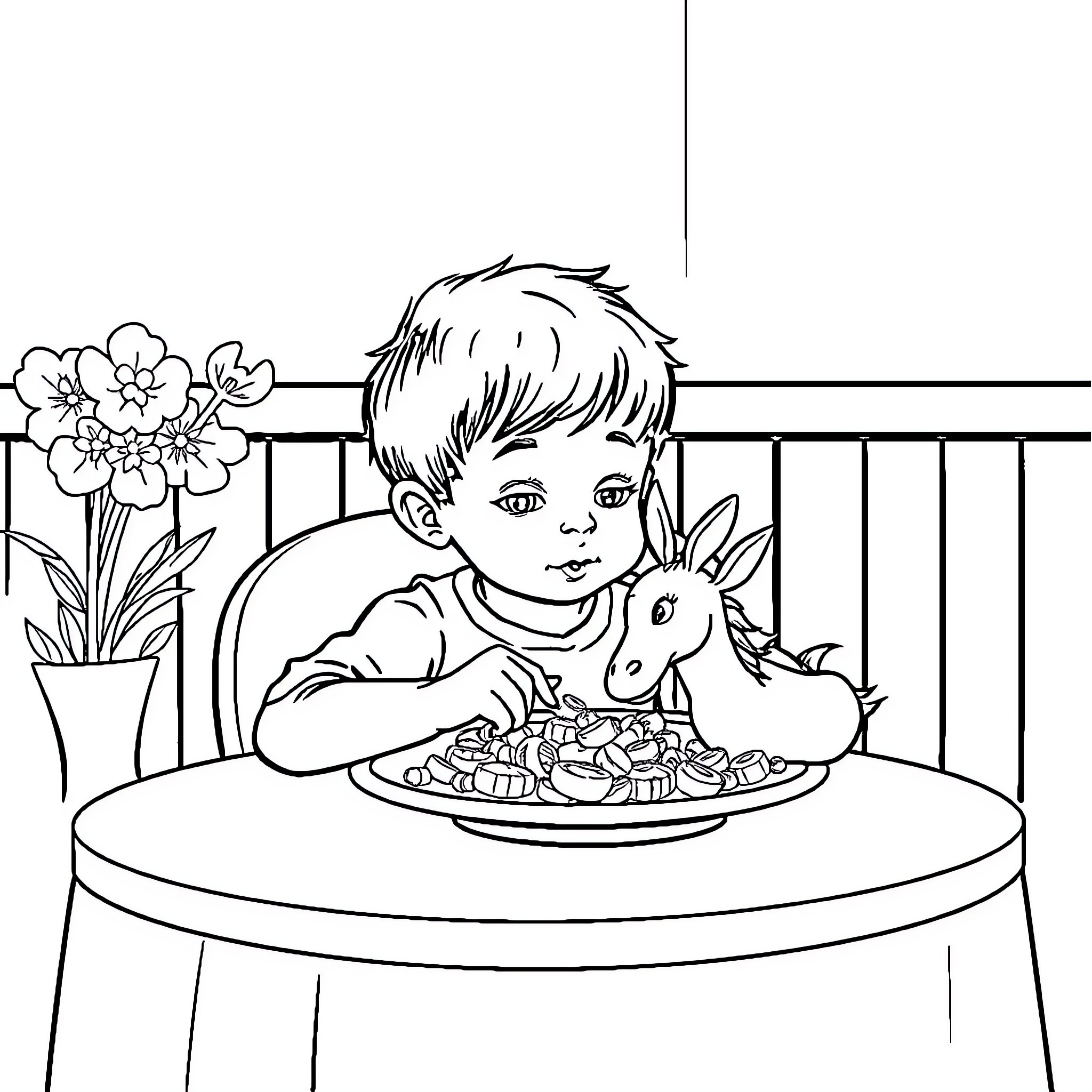 Child enjoying a snack with pet rabbit Coloring Page (free black-and-white line drawing printable PDF for all, from beginners to advanced learners, including children, teens, adults, and seniors)