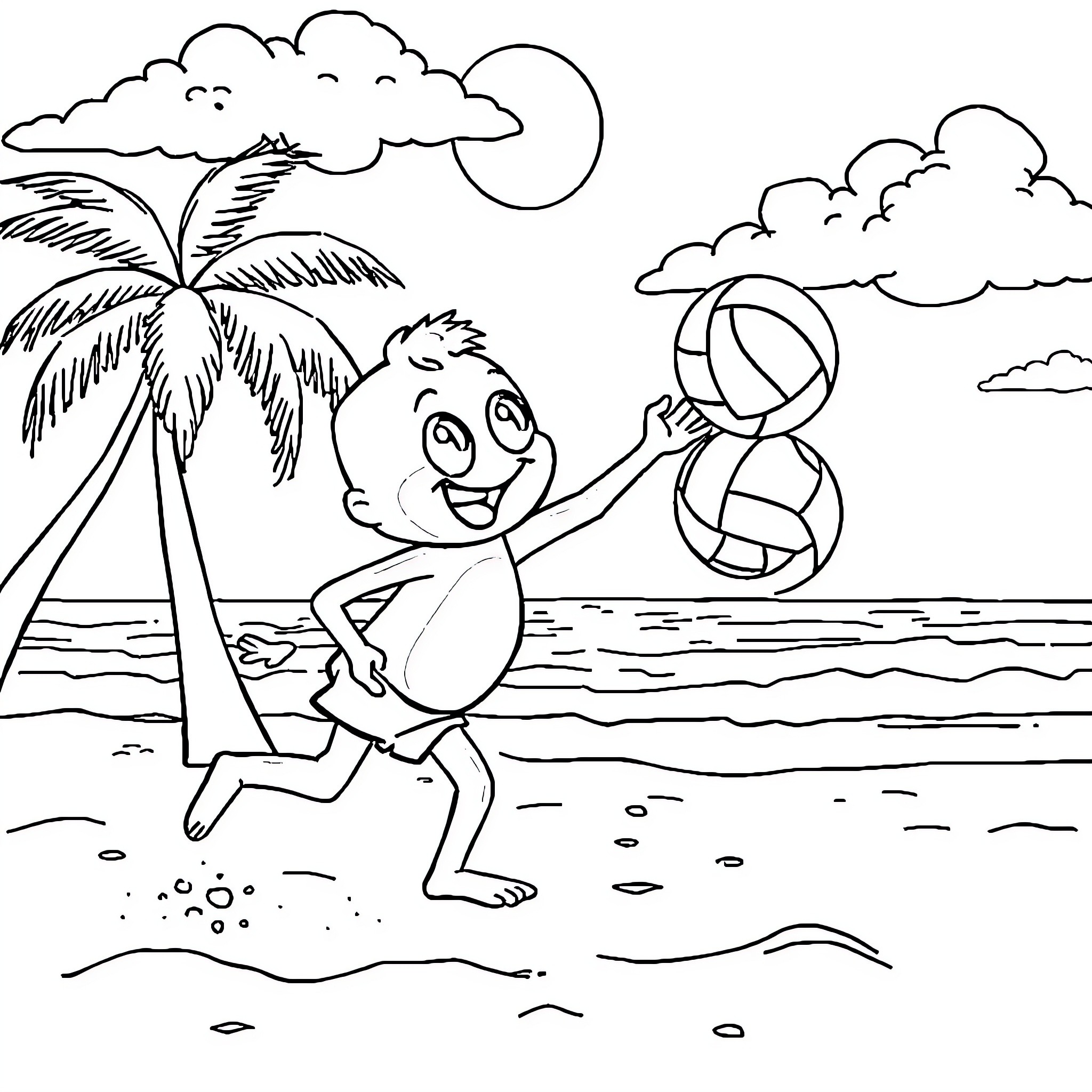 Bluey playing joyfully on the beach Coloring Page (free black-and-white line drawing printable PDF for all, from beginners to advanced learners, including children, teens, adults, and seniors)