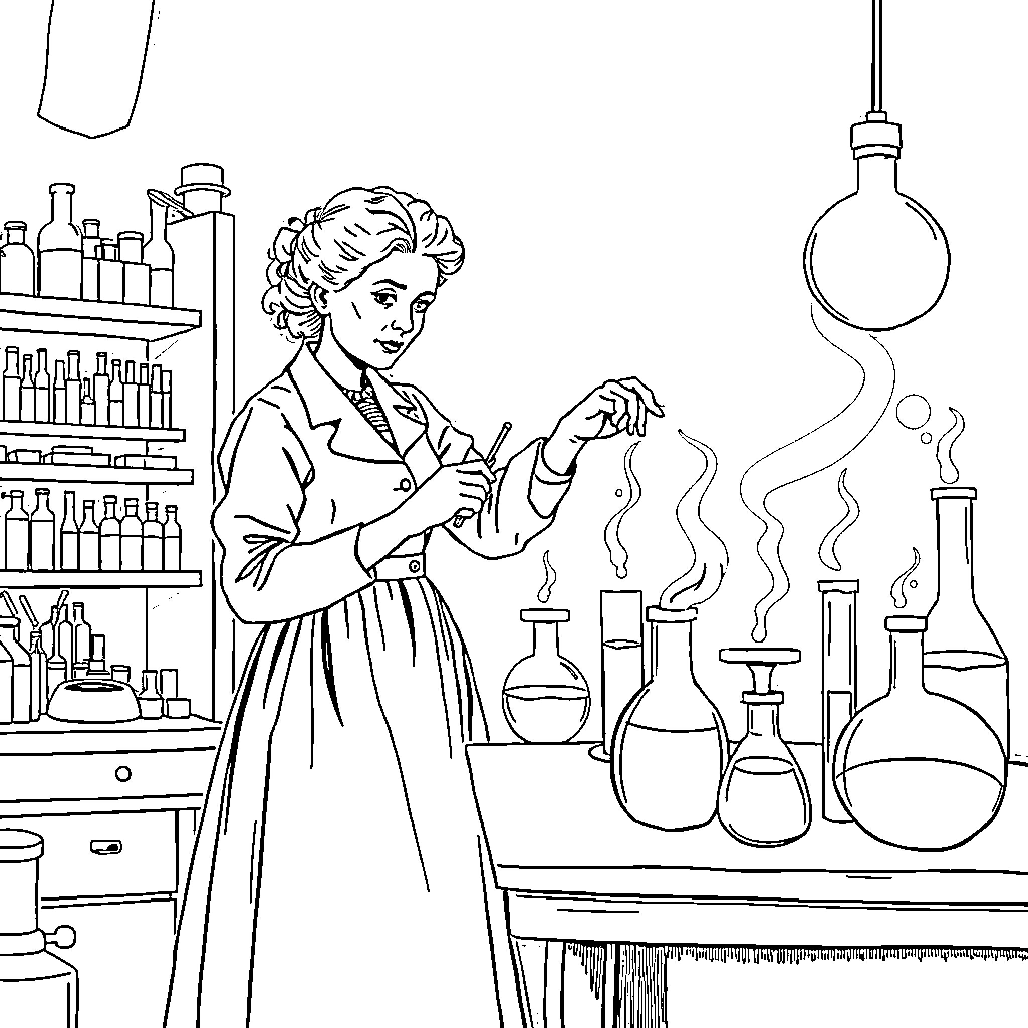 Marie Curie Working Diligently in Her Laboratory Coloring Page (free black-and-white line drawing printable PDF for all, from beginners to advanced learners, including children, teens, adults, and seniors)