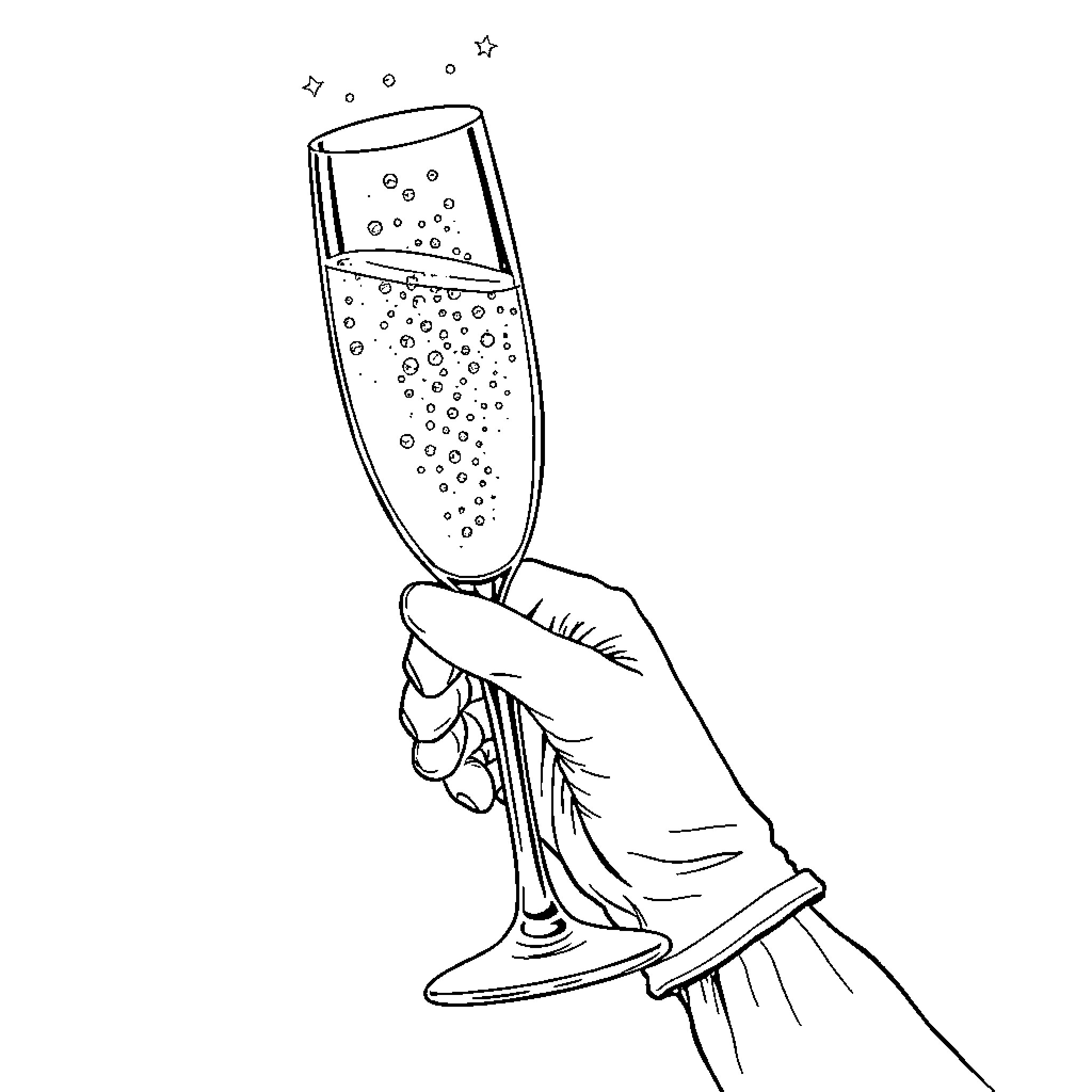 Hand holding a bubbly champagne glass Coloring Page (free black-and-white line drawing printable PDF for all, from beginners to advanced learners, including children, teens, adults, and seniors)