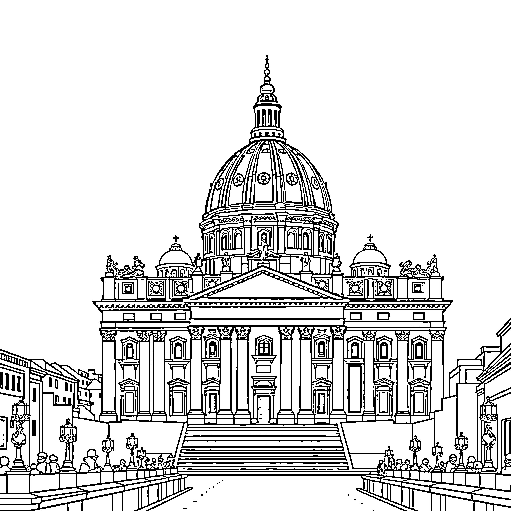 Saint Peter's Basilica: Iconic Architectural Masterpiece Coloring Page (free black-and-white line drawing printable PDF for all, from beginners to advanced learners, including children, teens, adults, and seniors)