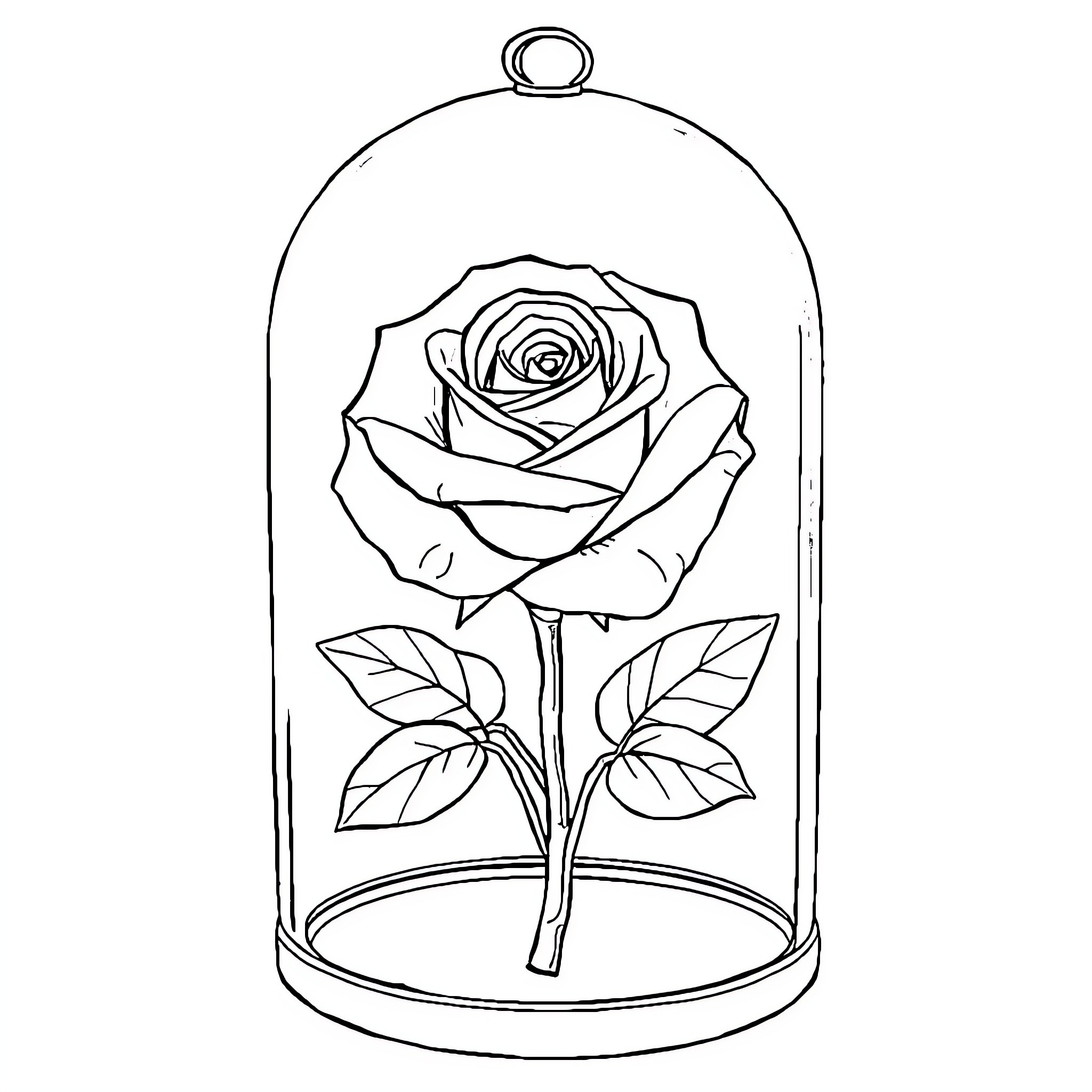 Rose encased in a glass dome Coloring Page (free black-and-white line drawing printable PDF for all, from beginners to advanced learners, including children, teens, adults, and seniors)