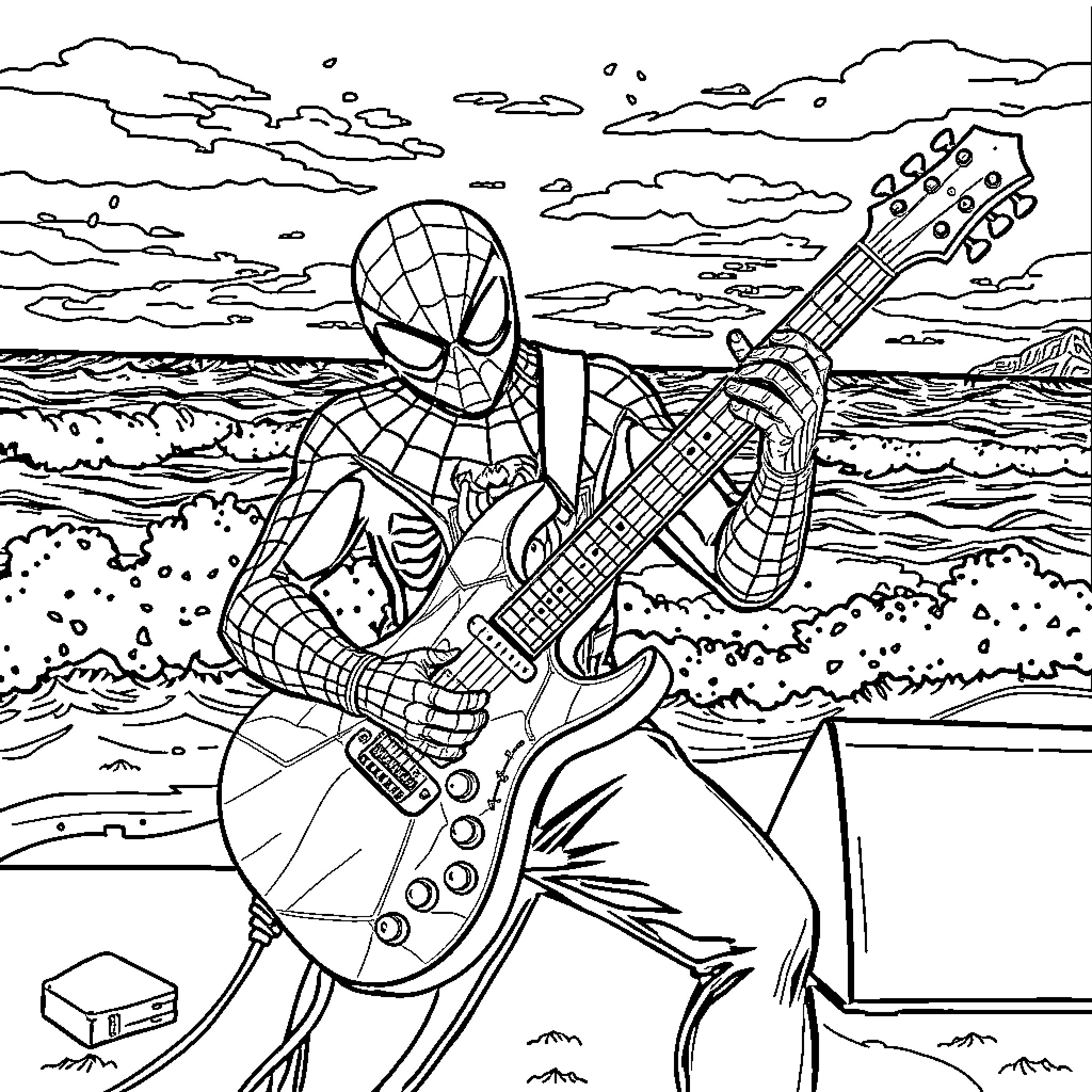 Spiderman playing guitar on the beach Coloring Page (free black-and-white line drawing printable PDF for all, from beginners to advanced learners, including children, teens, adults, and seniors)