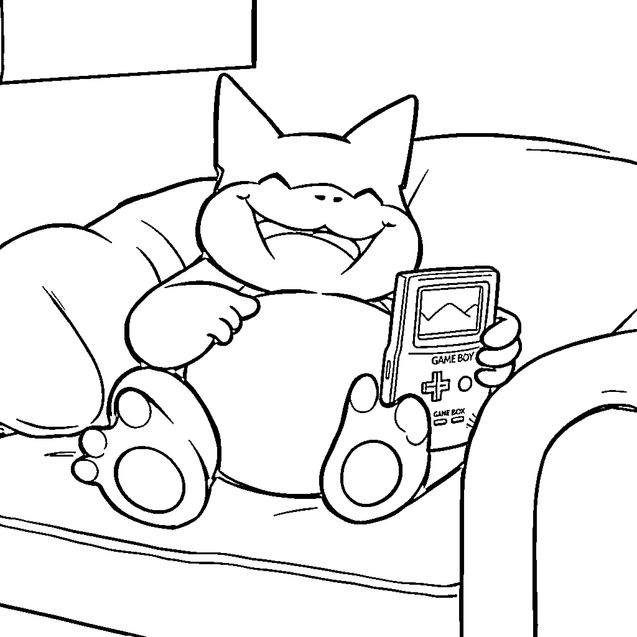 Snorlax enjoying a video game on the couch Coloring Page (free black-and-white line drawing printable PDF for all, from beginners to advanced learners, including children, teens, adults, and seniors)