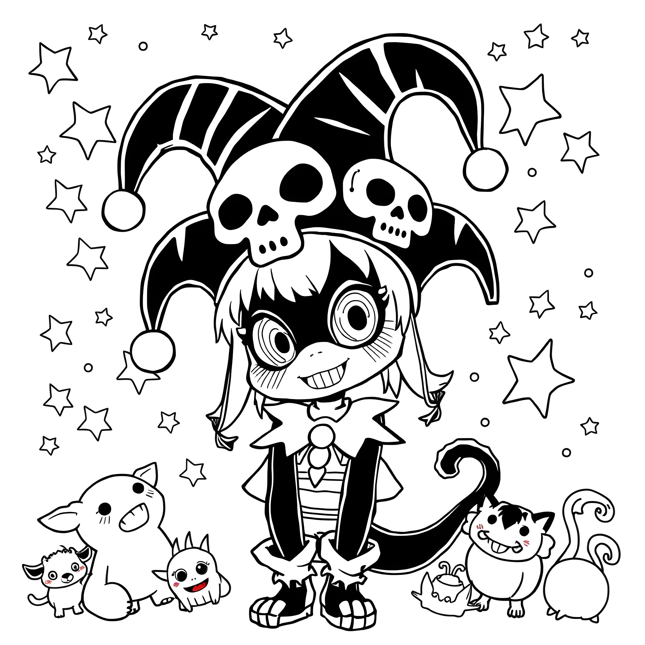 Kuromi's Spooky Celebration with Whimsical Creatures Coloring Page (free black-and-white line drawing printable PDF for all, from beginners to advanced learners, including children, teens, adults, and seniors)