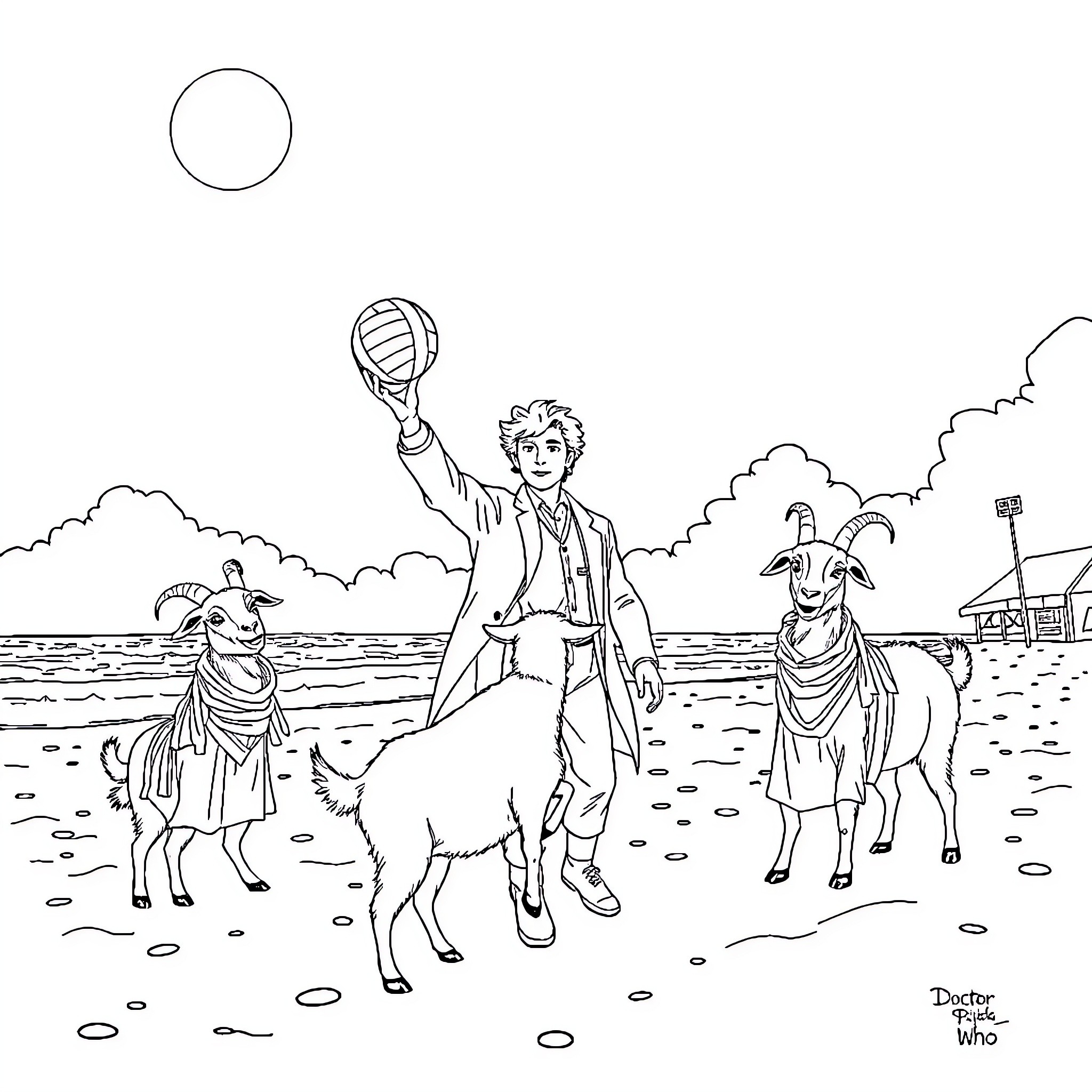 Doctor Who visits alien world with friendly creatures Coloring Page (free black-and-white line drawing printable PDF for all, from beginners to advanced learners, including children, teens, adults, and seniors)