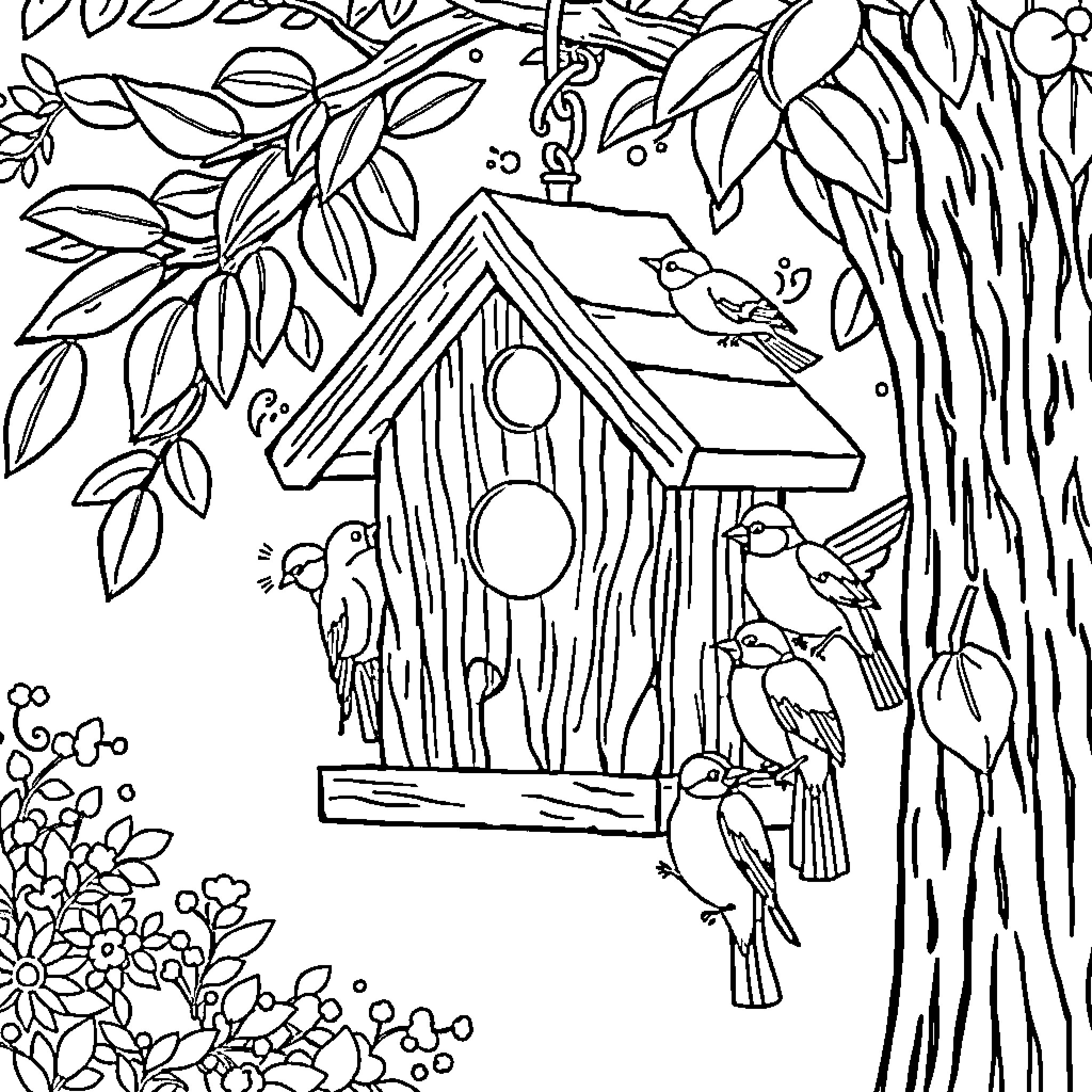Birdhouse with birds among the flowering plants Coloring Page (free black-and-white line drawing printable PDF for all, from beginners to advanced learners, including children, teens, adults, and seniors)