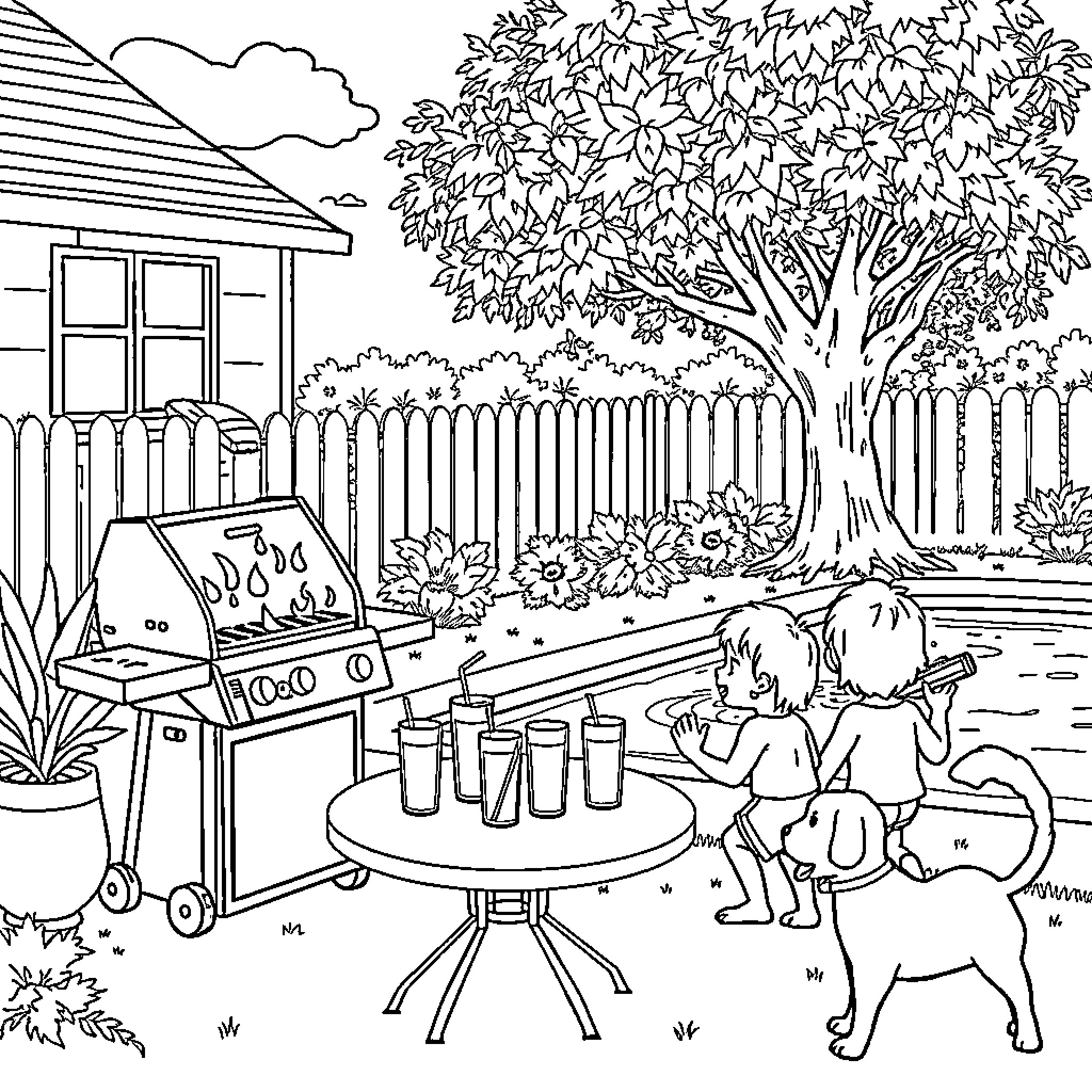 Backyard family barbecue gathering with pets Coloring Page (free black-and-white line drawing printable PDF for all, from beginners to advanced learners, including children, teens, adults, and seniors)