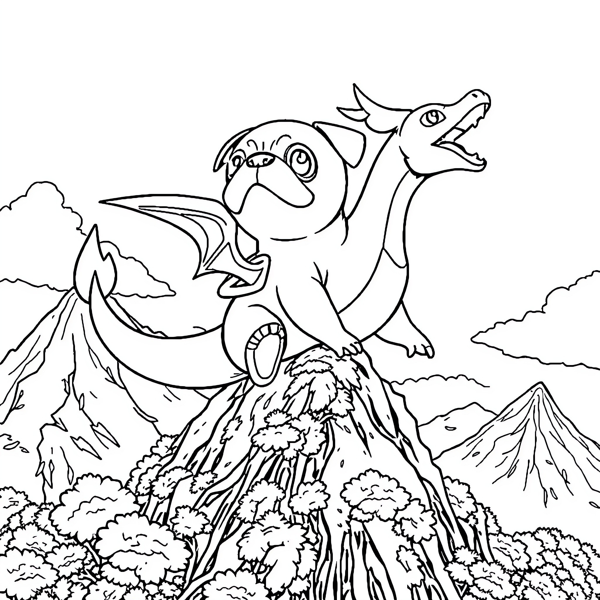 Pug Dinosaur in Volcano Landscape Coloring Page (free black-and-white line drawing printable PDF for all, from beginners to advanced learners, including children, teens, adults, and seniors)