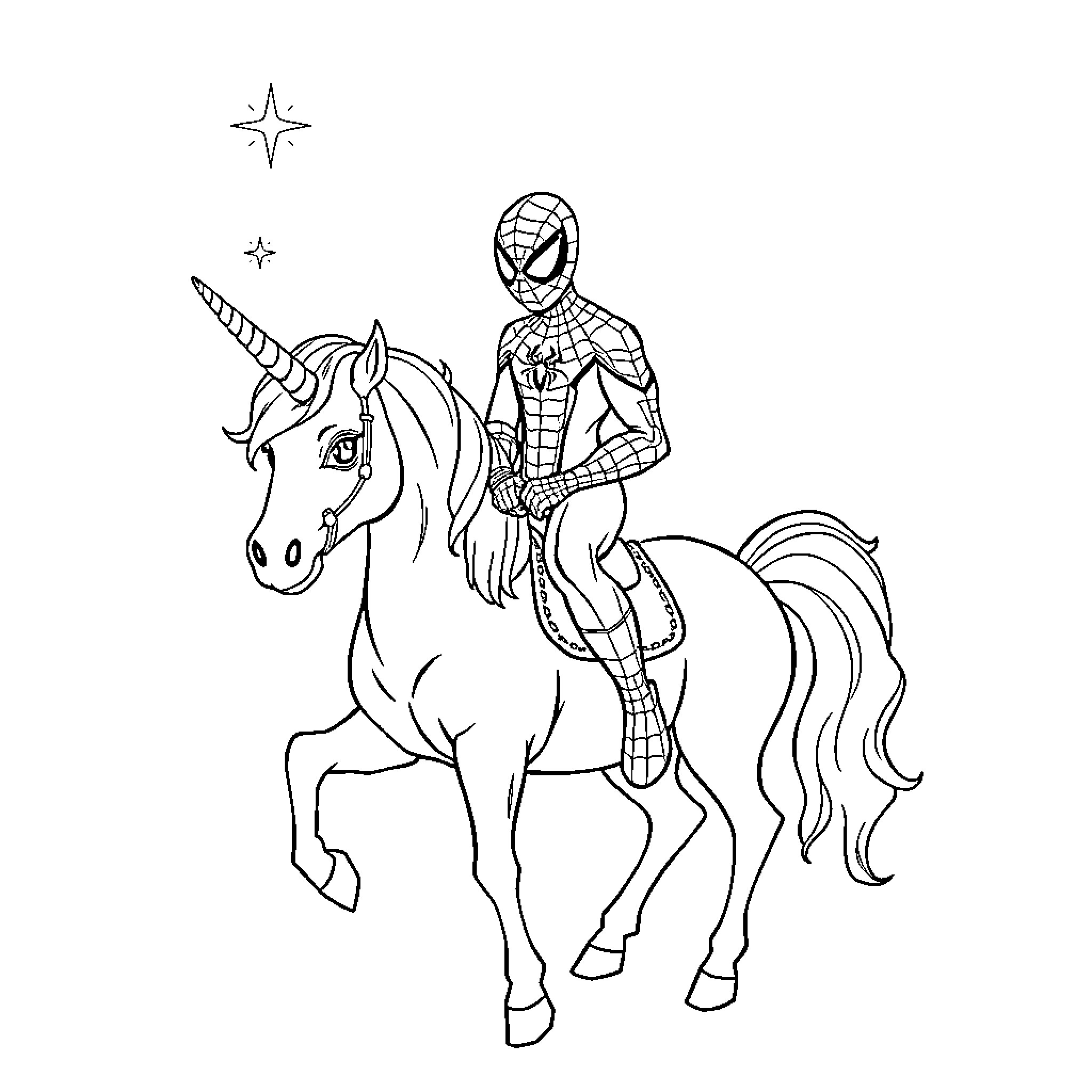 Spider-Man riding a unicorn in an imaginative scene Coloring Page (free black-and-white line drawing printable PDF for all, from beginners to advanced learners, including children, teens, adults, and seniors)