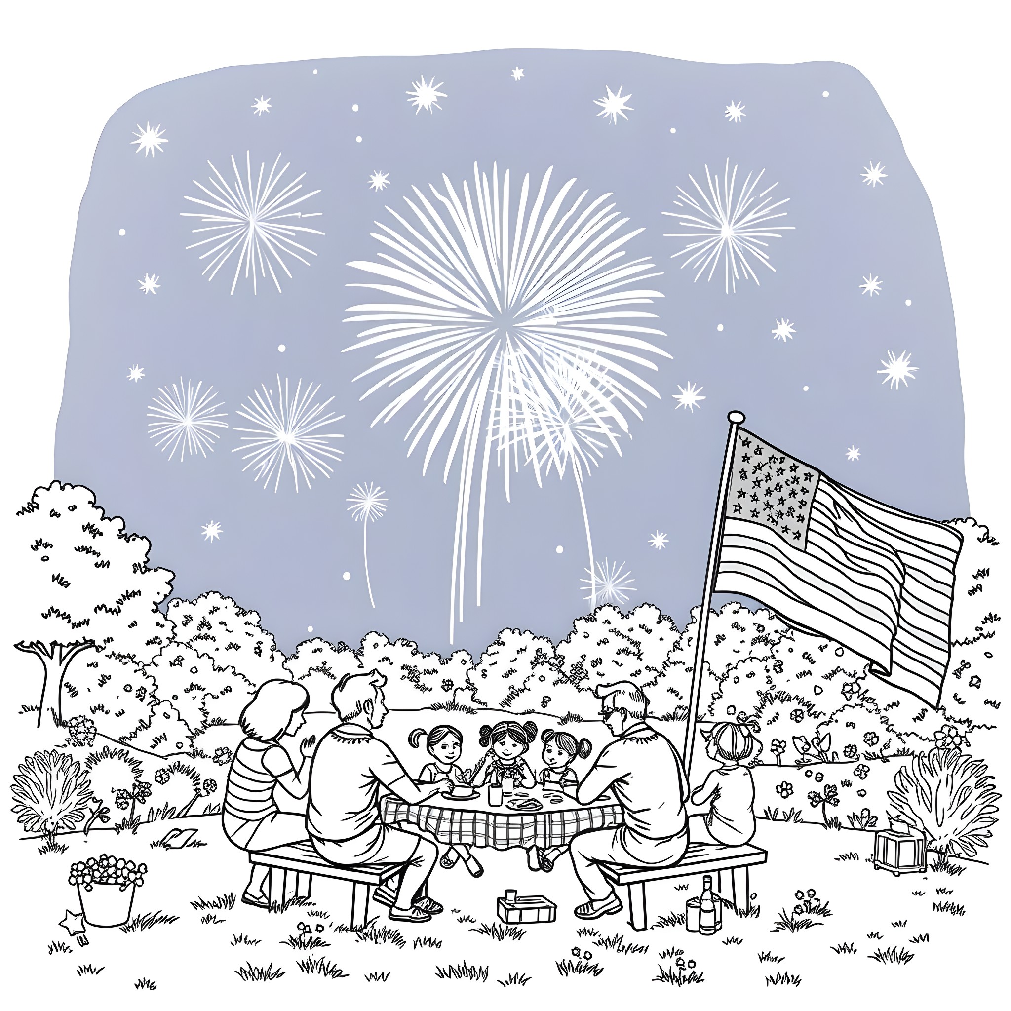 4th Of July Family Celebration with Fireworks in the Sky Coloring Page (free black-and-white line drawing printable PDF for all, from beginners to advanced learners, including children, teens, adults, and seniors)