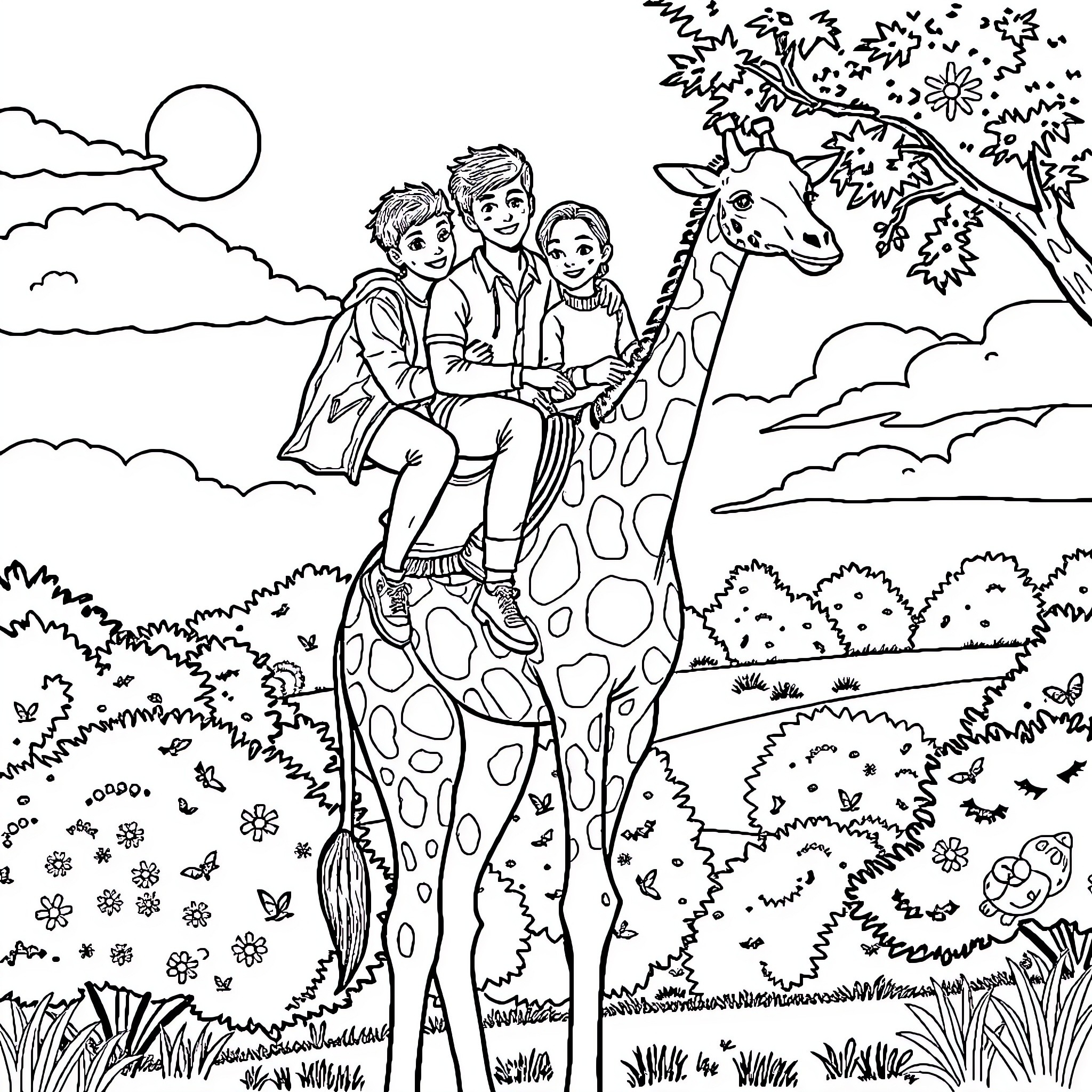 Giraffe and children in a nature scene Coloring Page (free black-and-white line drawing printable PDF for all, from beginners to advanced learners, including children, teens, adults, and seniors)