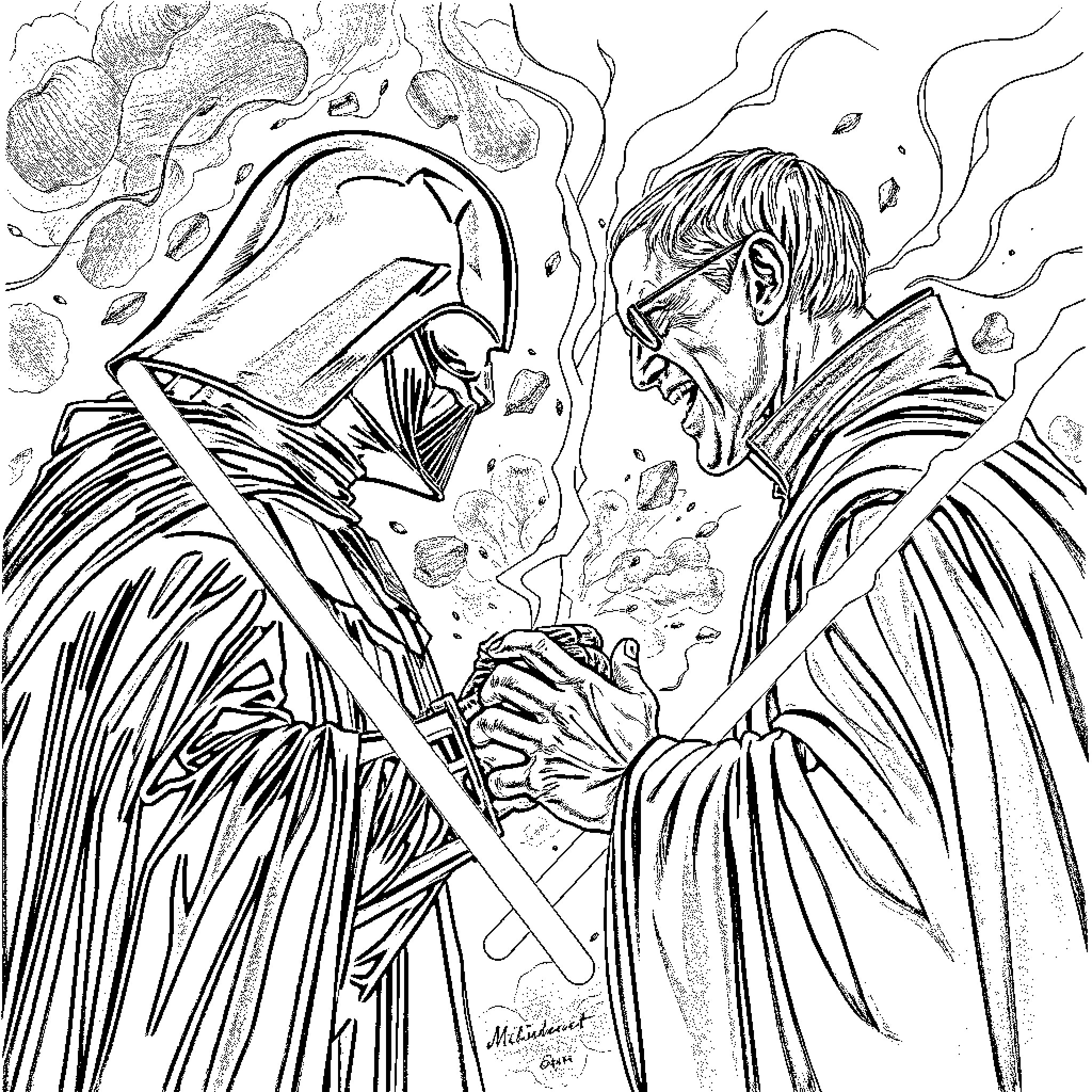 Darth Vader confronts a defiant warrior Coloring Page (free black-and-white line drawing printable PDF for all, from beginners to advanced learners, including children, teens, adults, and seniors)