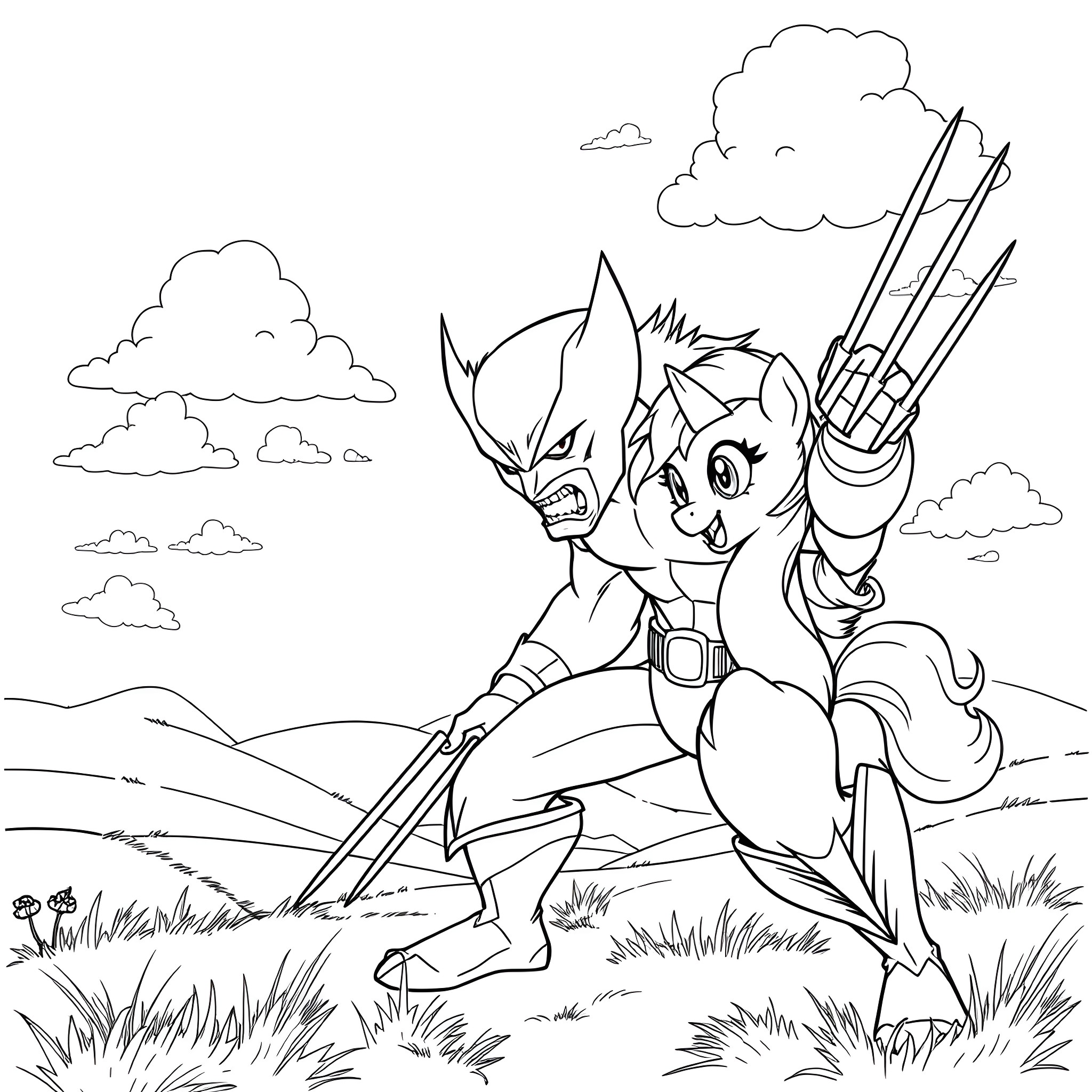 Wolverine prepares for a fierce battle in the wild Coloring Page (free black-and-white line drawing printable PDF for all, from beginners to advanced learners, including children, teens, adults, and seniors)