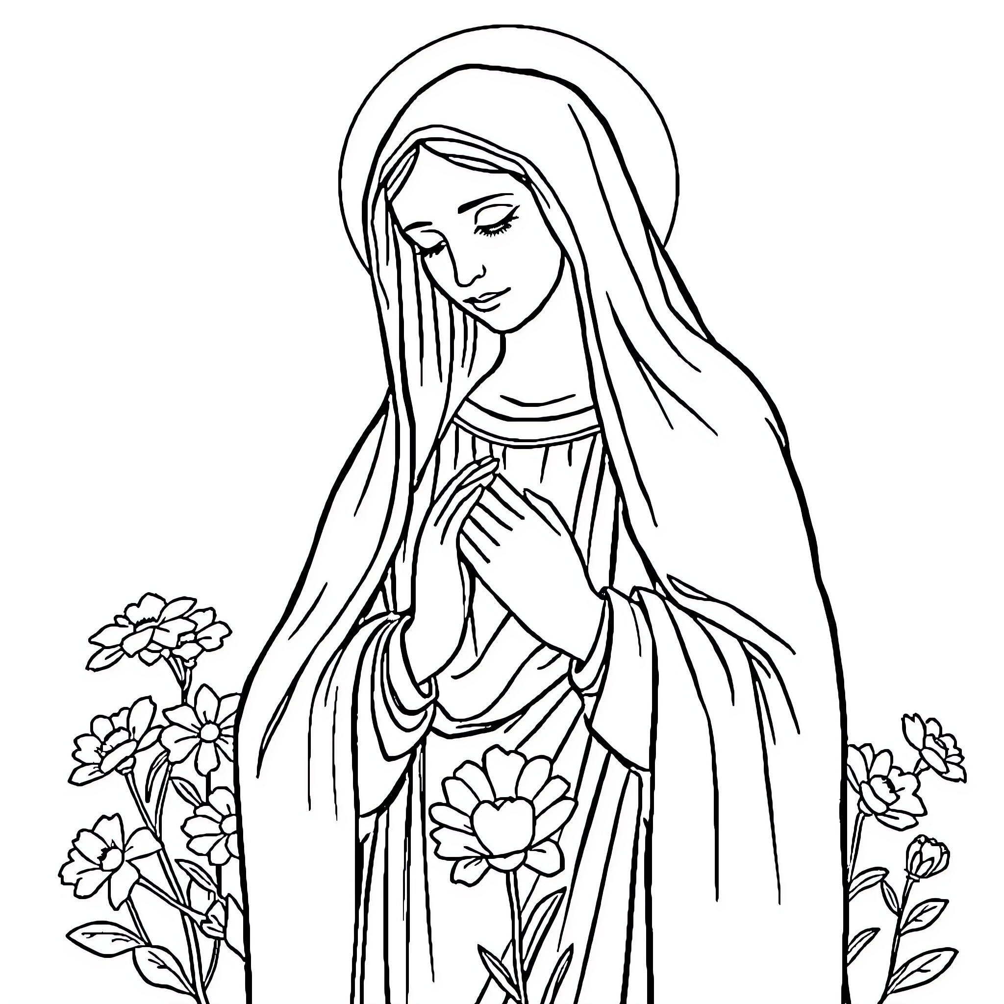Mary praying peacefully amidst floral surroundings Coloring Page (free black-and-white line drawing printable PDF for all, from beginners to advanced learners, including children, teens, adults, and seniors)