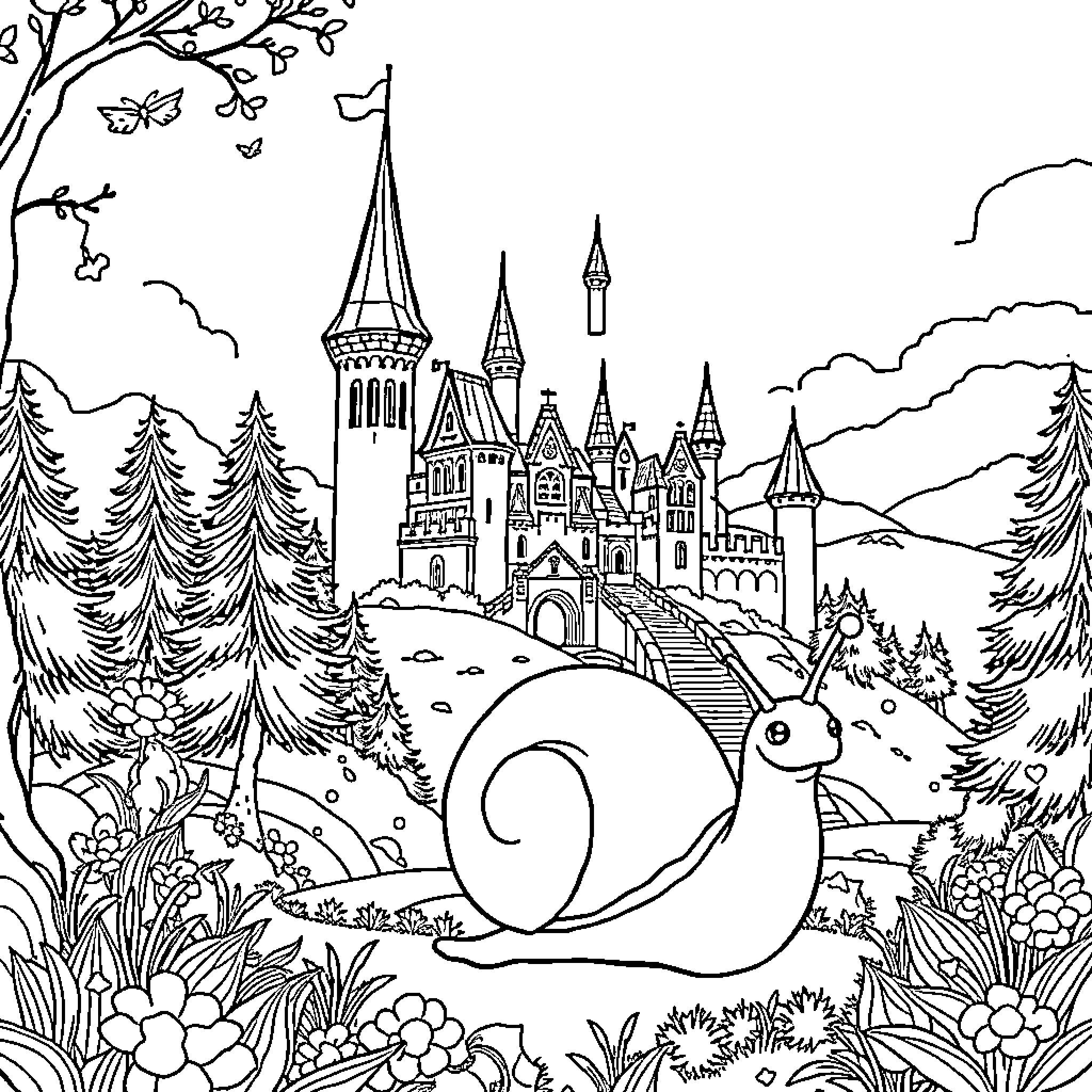 Snail exploring a magical castle in the forest Coloring Page (free black-and-white line drawing printable PDF for all, from beginners to advanced learners, including children, teens, adults, and seniors)