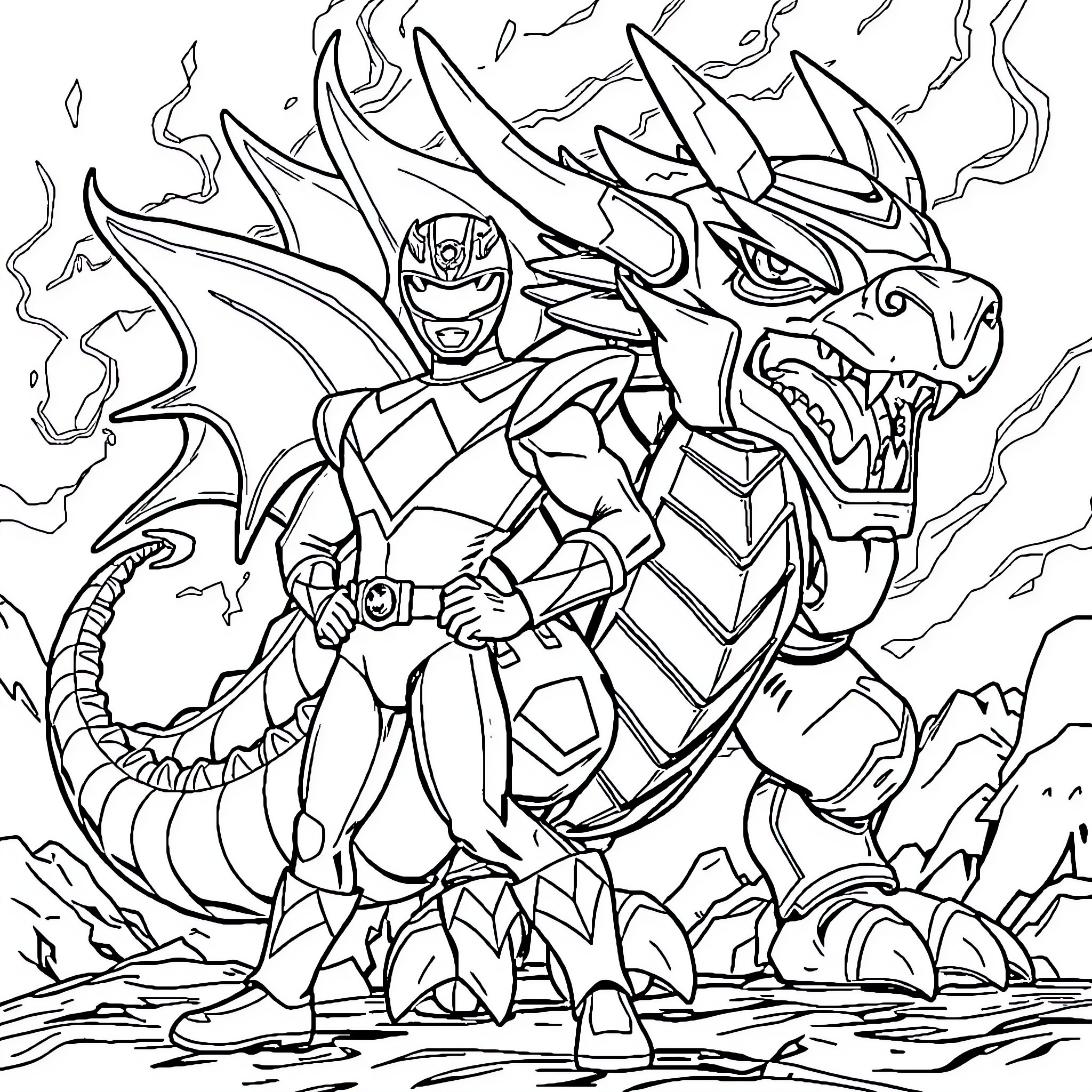 Green Ranger battles a fierce dragon creature Coloring Page (free black-and-white line drawing printable PDF for all, from beginners to advanced learners, including children, teens, adults, and seniors)