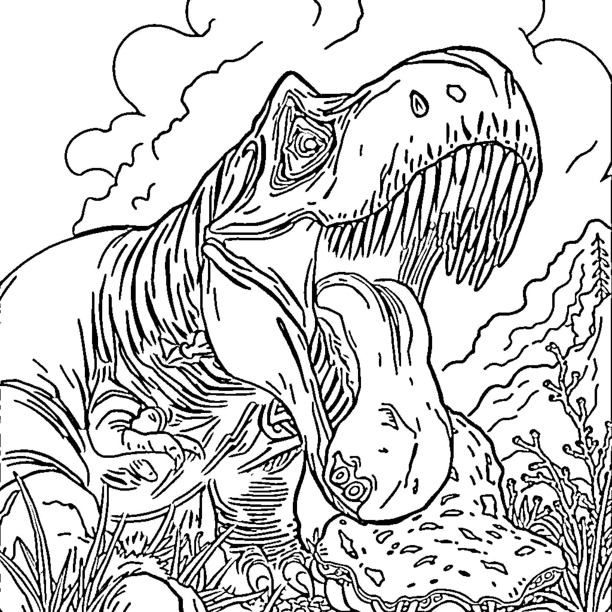 Dinosaur roaring in prehistoric environment Coloring Page (free black-and-white line drawing printable PDF for all, from beginners to advanced learners, including children, teens, adults, and seniors)