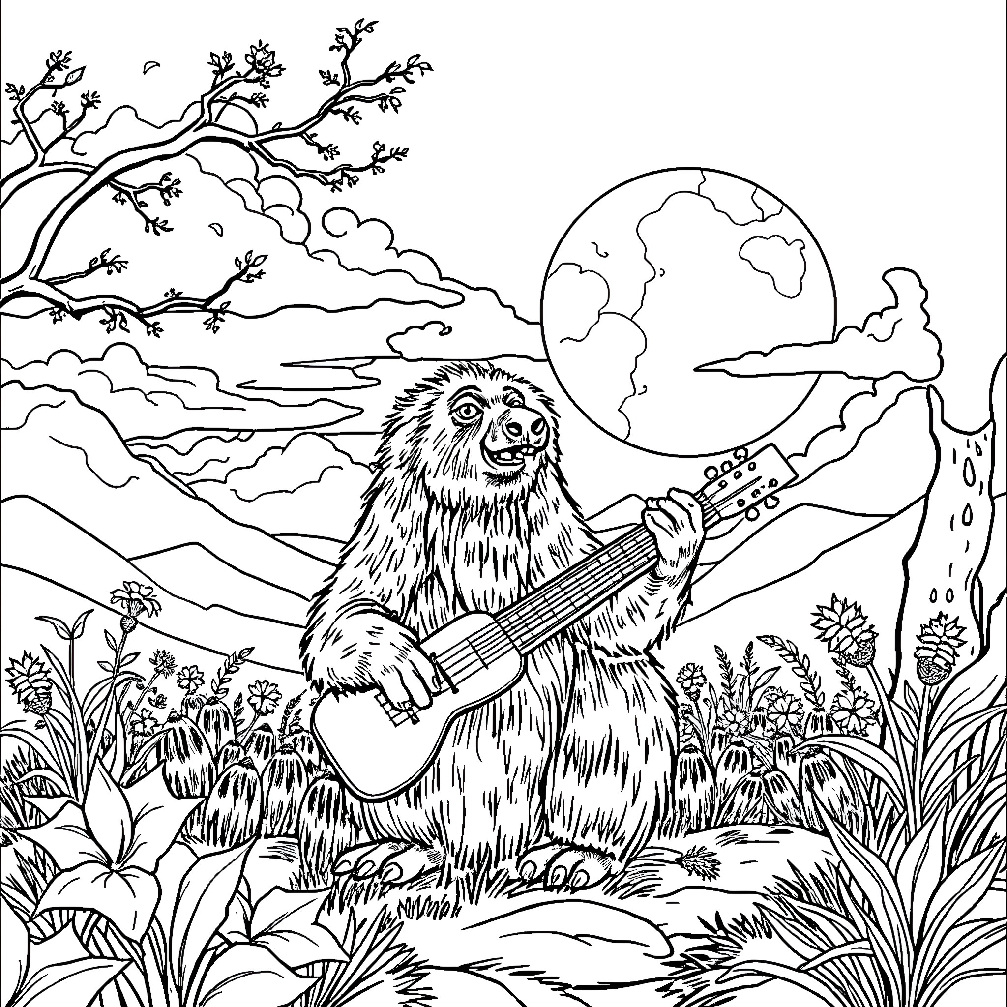 Sahuar playing guitar in a moonlit landscape Coloring Page (free black-and-white line drawing printable PDF for all, from beginners to advanced learners, including children, teens, adults, and seniors)