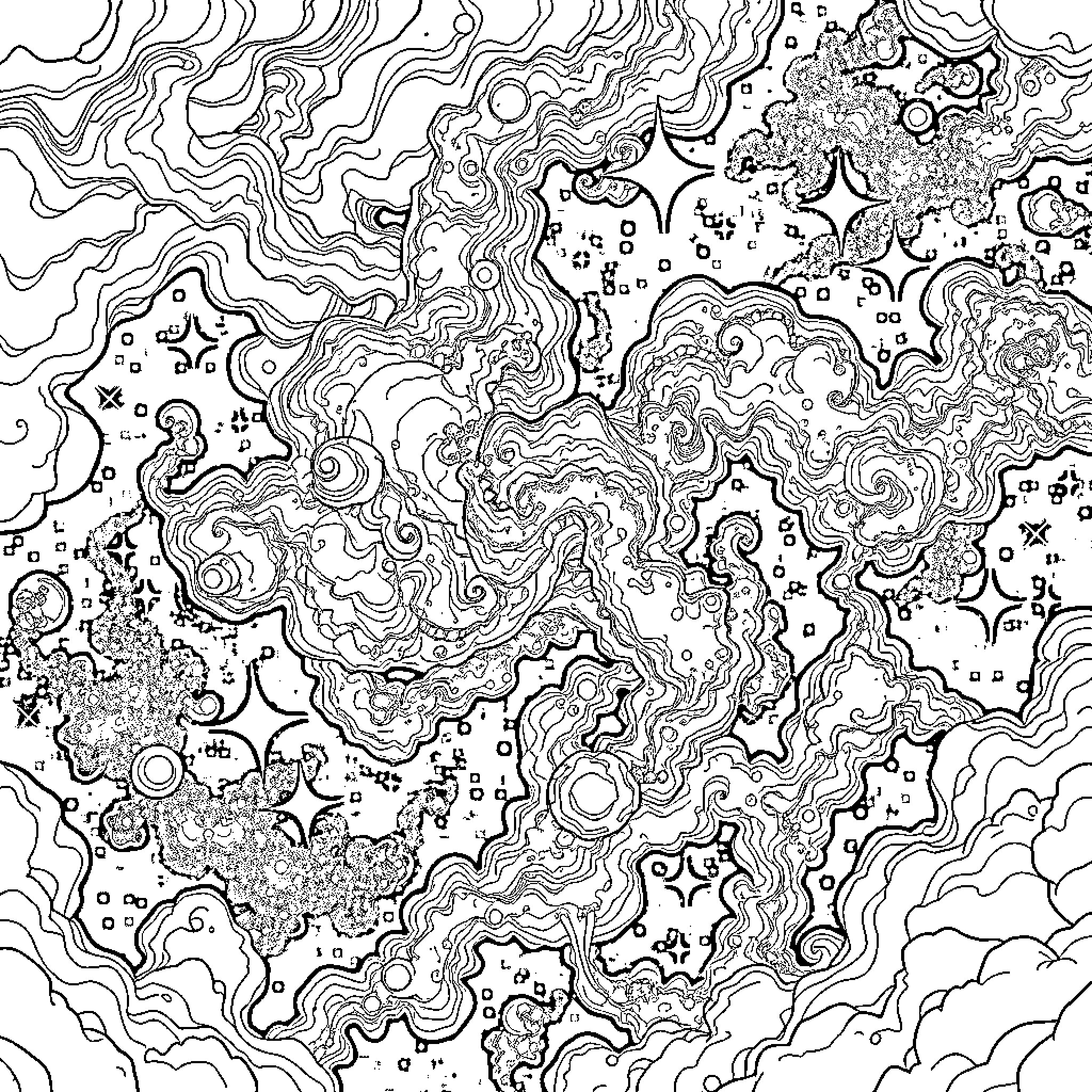 Nebula of Cosmic Swirls and Celestial Shapes Coloring Page (free black-and-white line drawing printable PDF for all, from beginners to advanced learners, including children, teens, adults, and seniors)