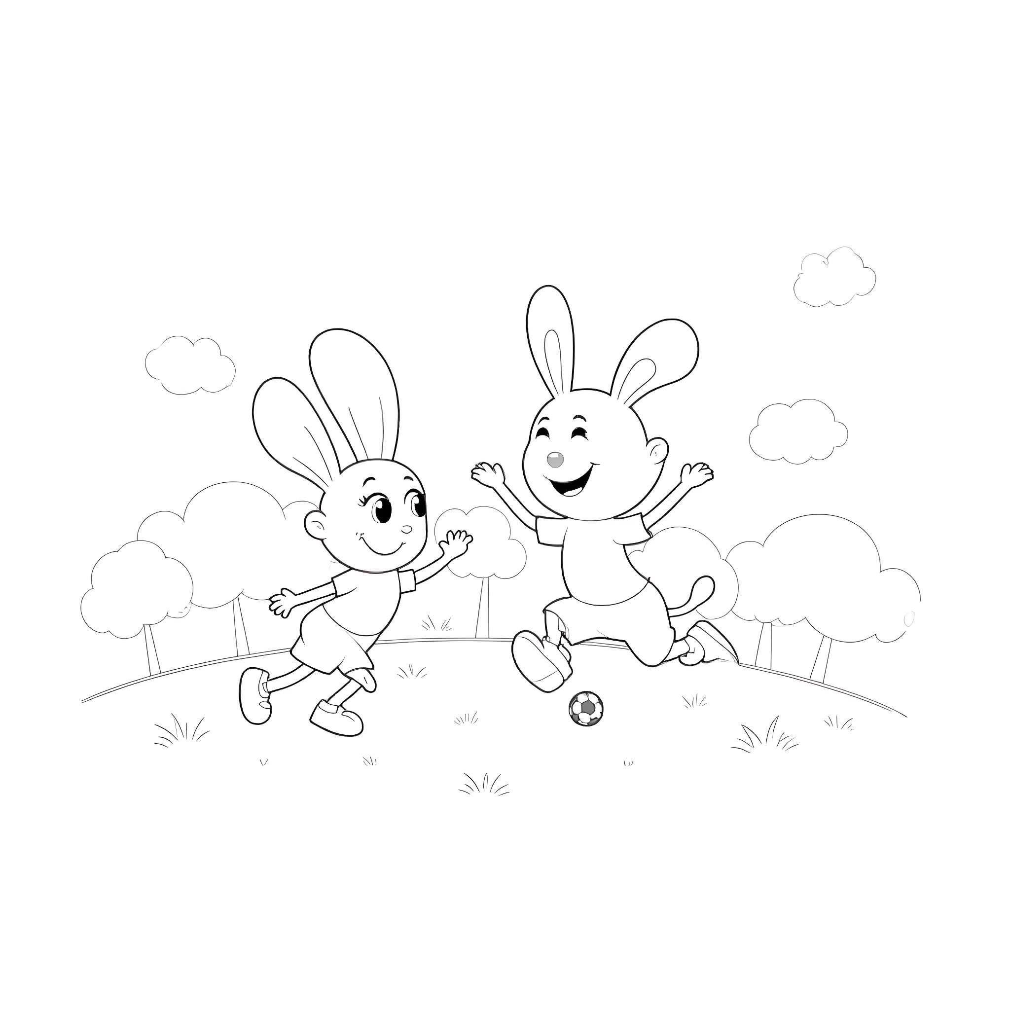 Bluey and friends playing joyfully in the park Coloring Page (free black-and-white line drawing printable PDF for all, from beginners to advanced learners, including children, teens, adults, and seniors)