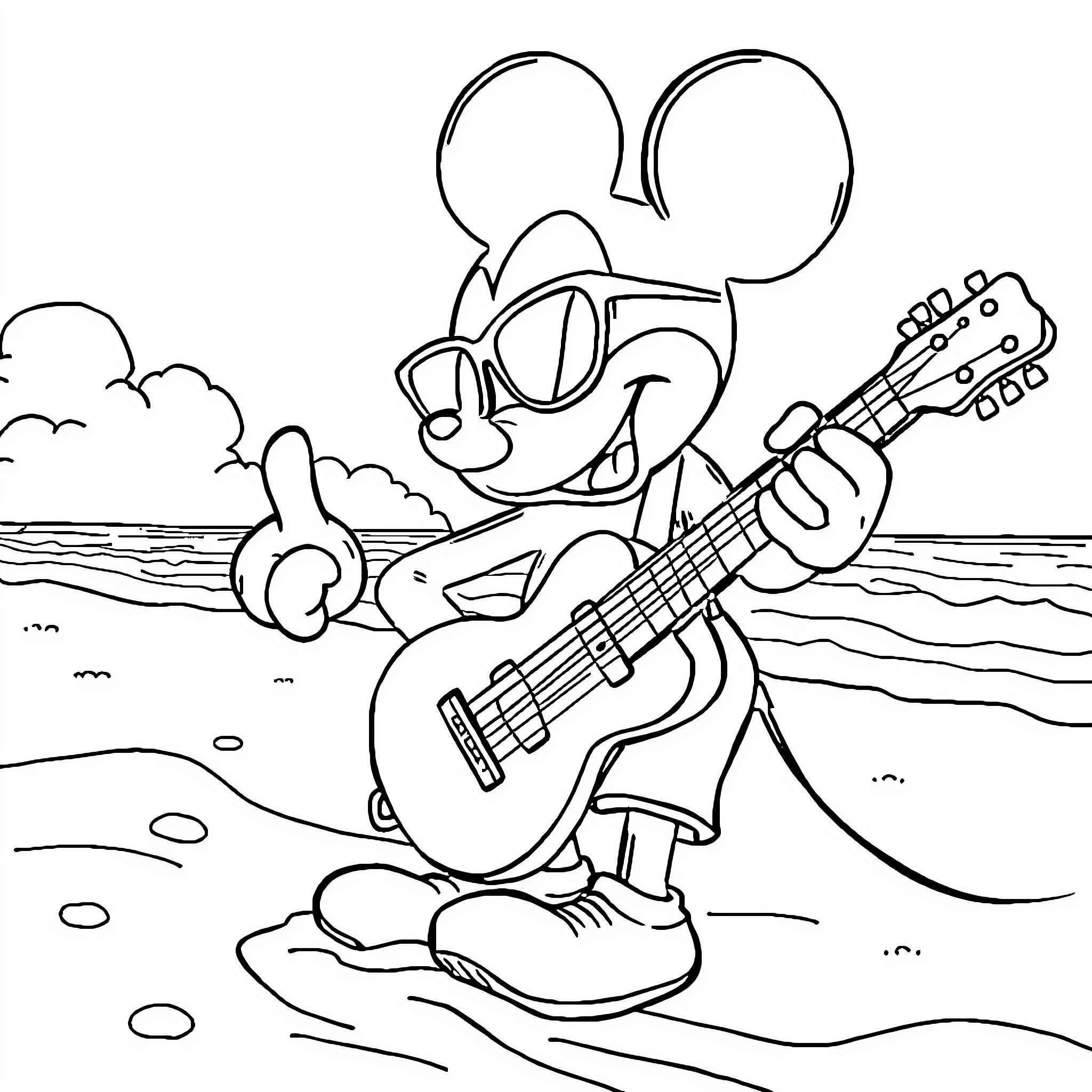 Mickey playing guitar on the beach Coloring Page (free black-and-white line drawing printable PDF for all, from beginners to advanced learners, including children, teens, adults, and seniors)