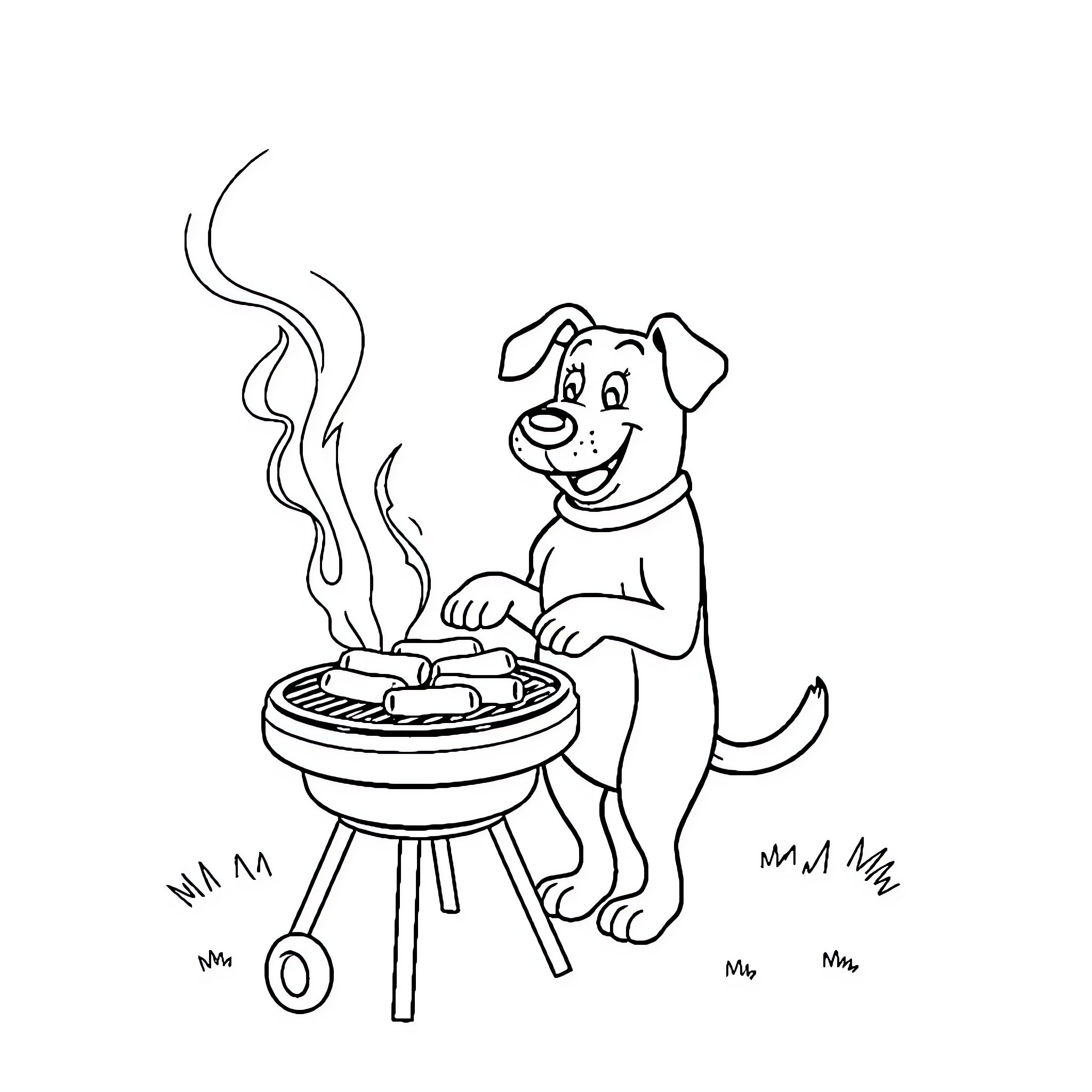 Dog grilling hot dogs on a barbecue Coloring Page (free black-and-white line drawing printable PDF for all, from beginners to advanced learners, including children, teens, adults, and seniors)