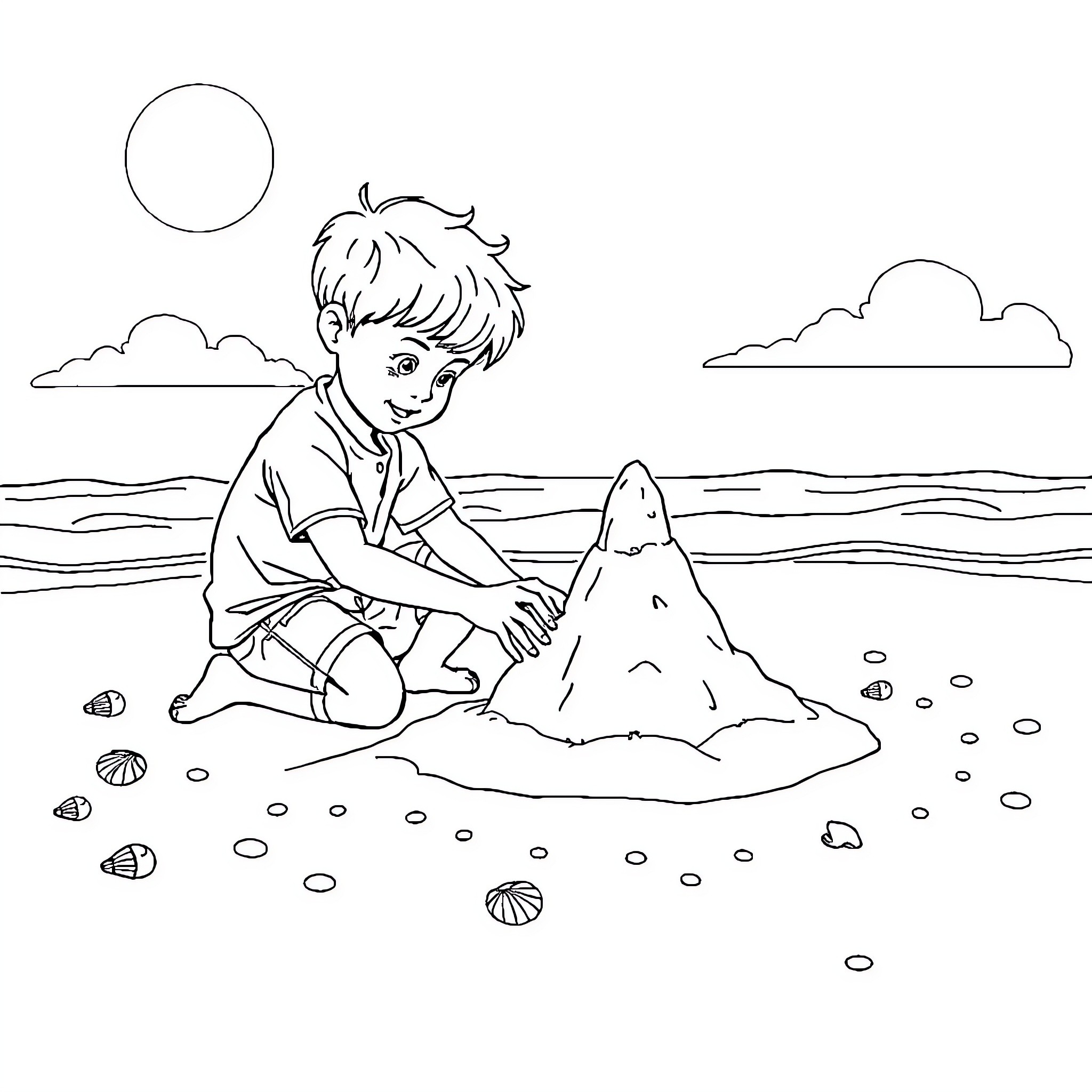 Boy playing with sand castle at beach Coloring Page (free black-and-white line drawing printable PDF for all, from beginners to advanced learners, including children, teens, adults, and seniors)