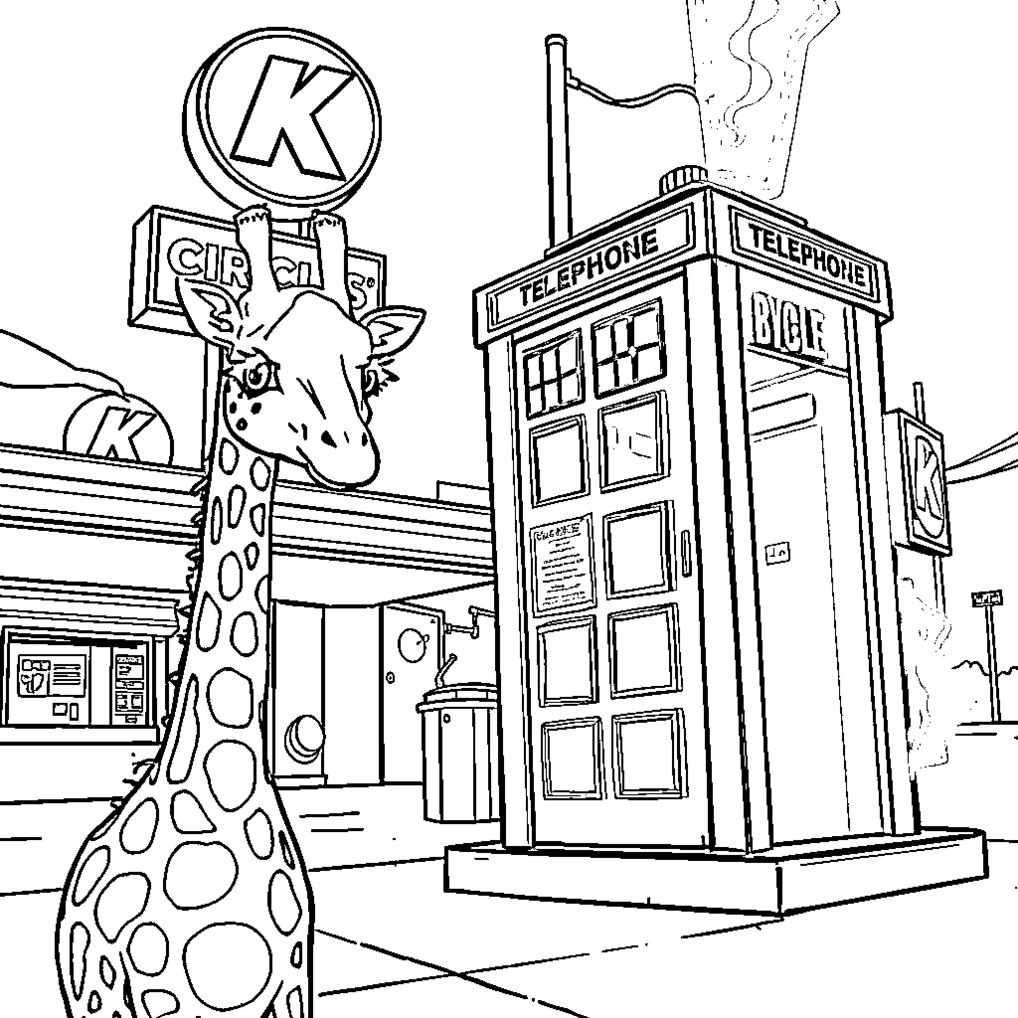 Giraffe standing near a telephone booth in an urban setting Coloring Page (free black-and-white line drawing printable PDF for all, from beginners to advanced learners, including children, teens, adults, and seniors)