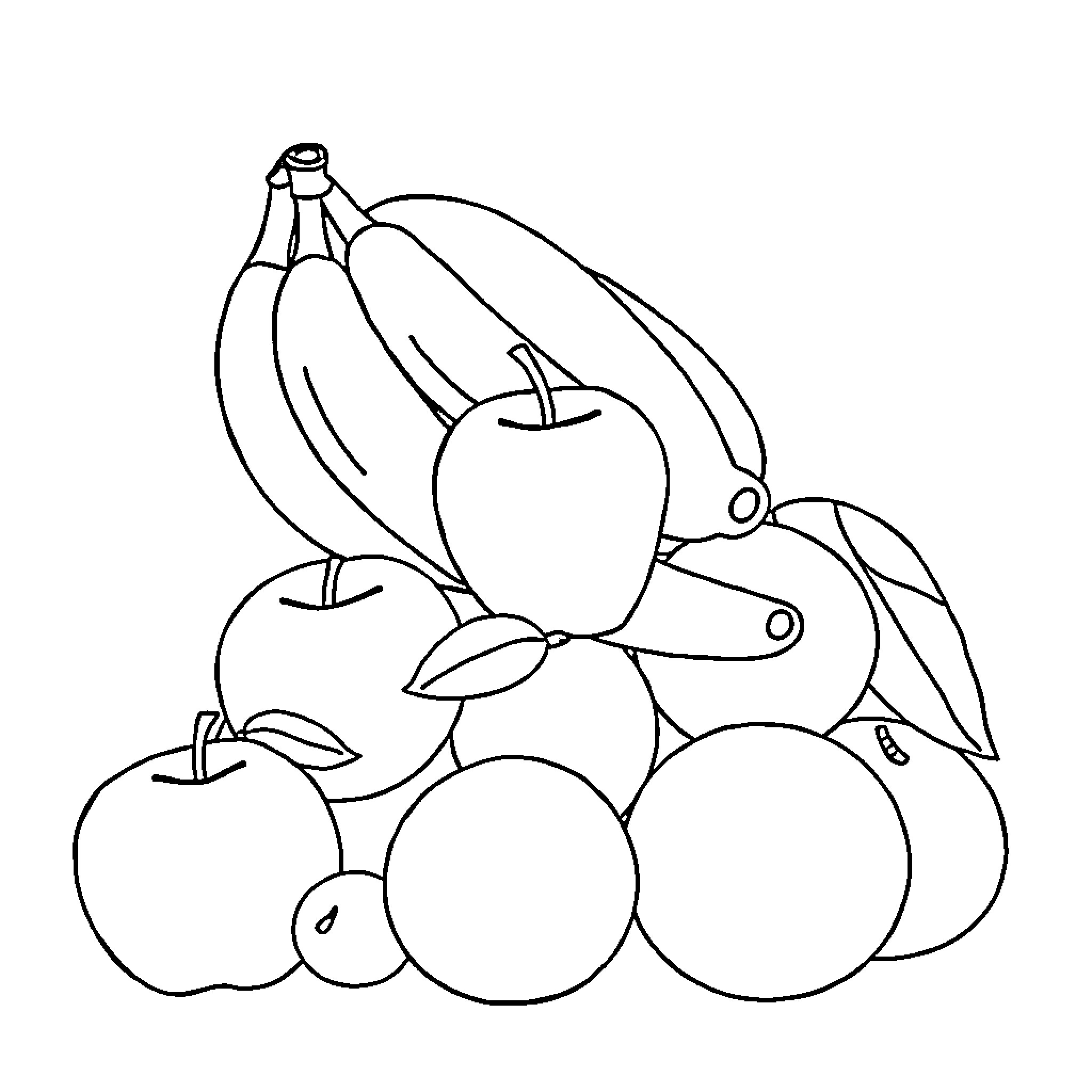 Fruit bowl with assorted produce Coloring Page (free black-and-white line drawing printable PDF for all, from beginners to advanced learners, including children, teens, adults, and seniors)