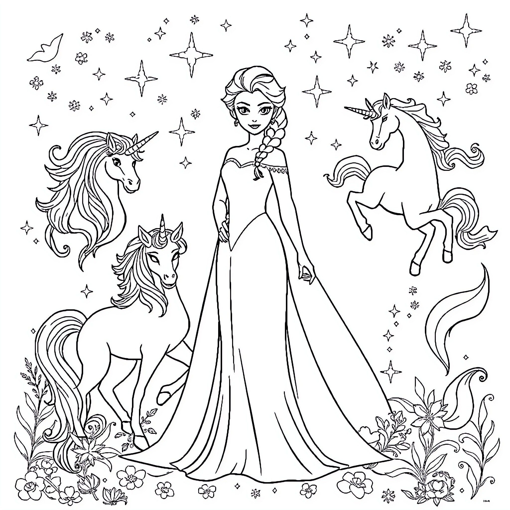 Elsa's Magical Adventure with Unicorns and Stars Coloring Page (free black-and-white line drawing printable PDF for all, from beginners to advanced learners, including children, teens, adults, and seniors)