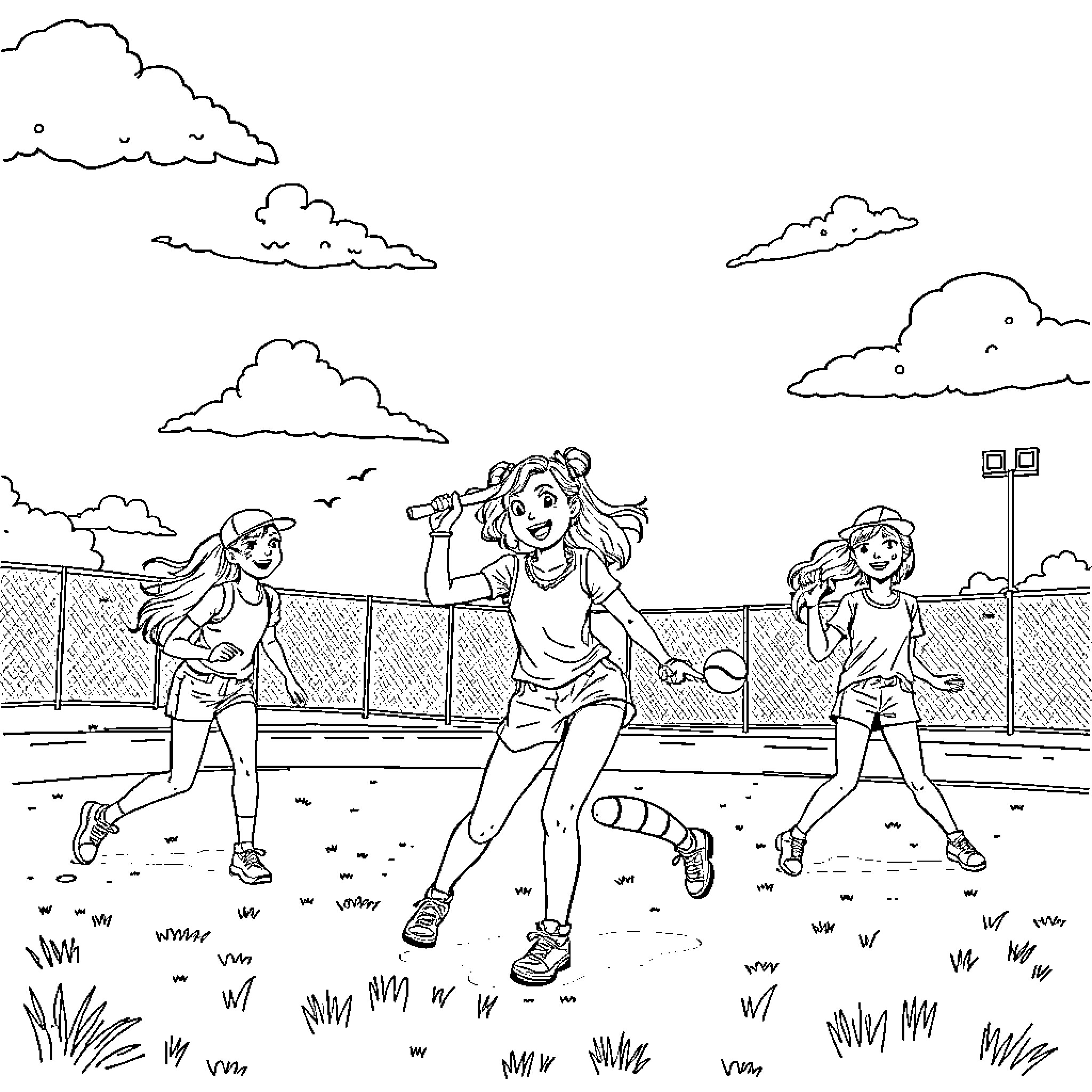 Zoey and Friends Enjoying Outdoor Recreation Coloring Page (free black-and-white line drawing printable PDF for all, from beginners to advanced learners, including children, teens, adults, and seniors)