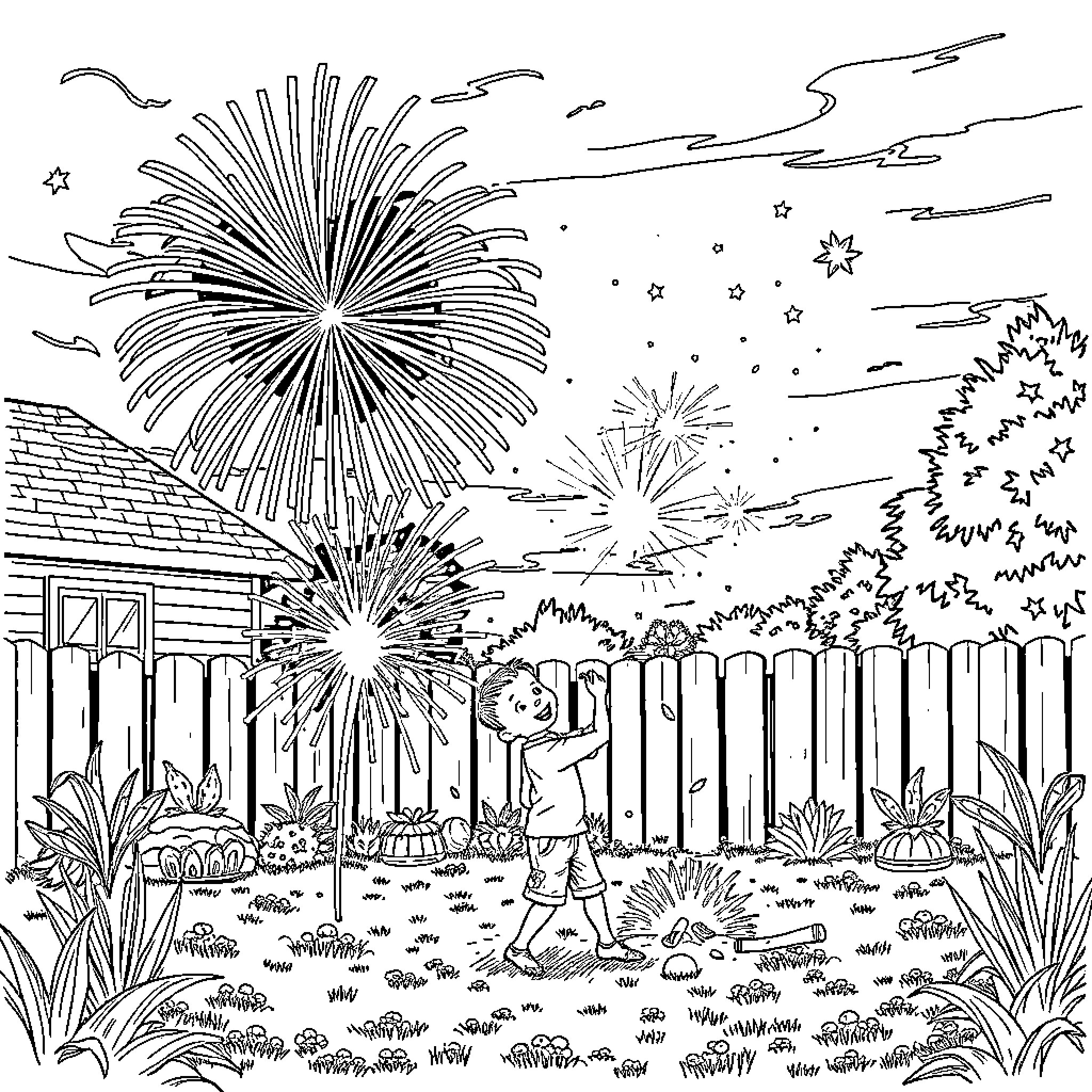 Boy watching fireworks display in rural setting Coloring Page (free black-and-white line drawing printable PDF for all, from beginners to advanced learners, including children, teens, adults, and seniors)