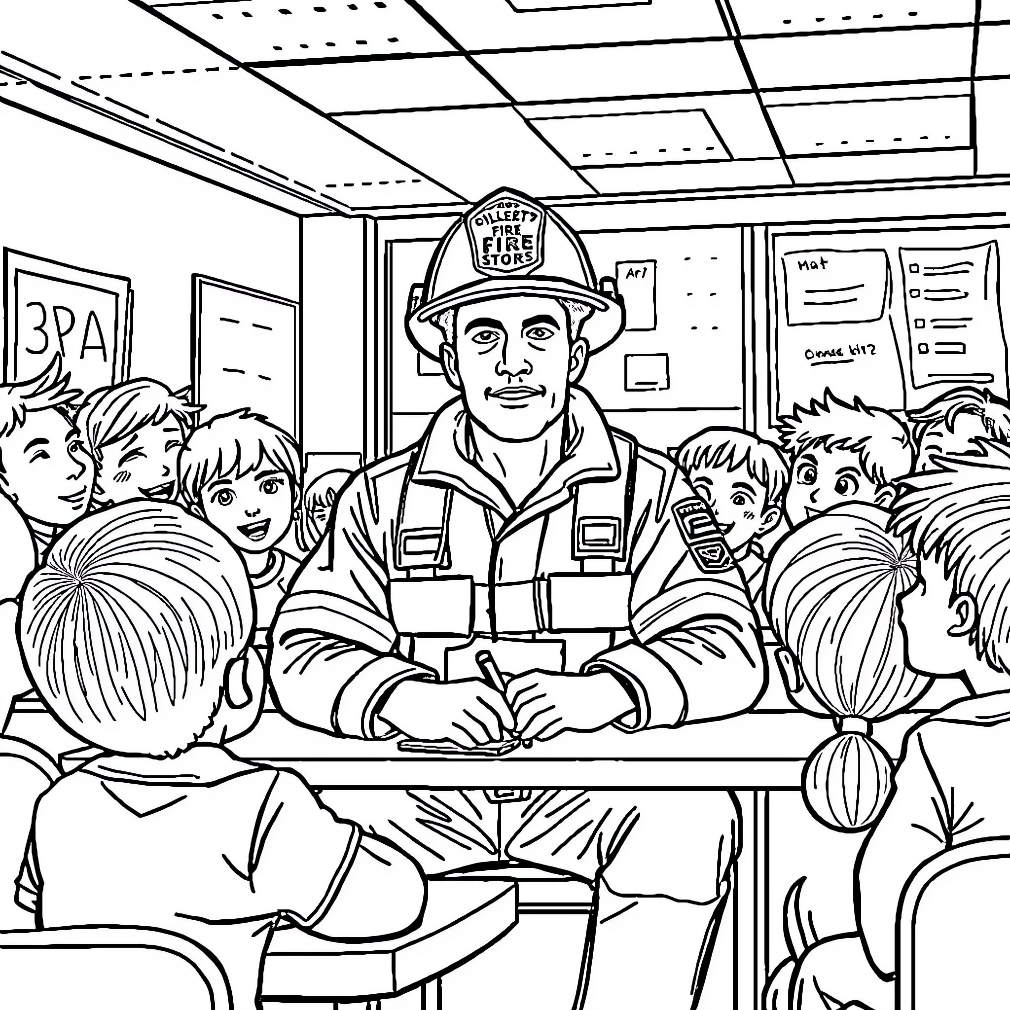 Fire Captain in Charge at the Station Coloring Page (free black-and-white line drawing printable PDF for all, from beginners to advanced learners, including children, teens, adults, and seniors)