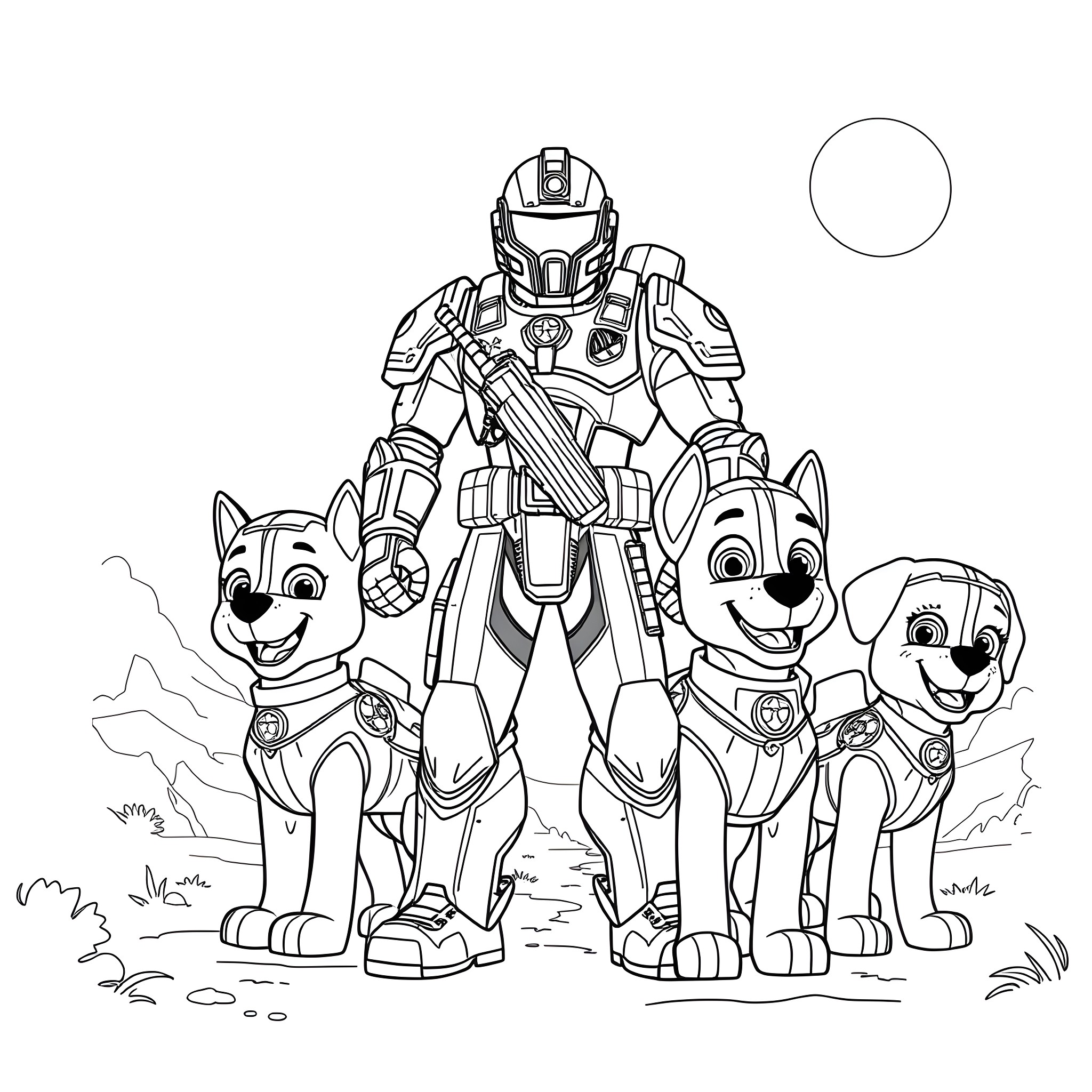 Warhammer-inspired Warrior with Paw Patrol Companions Coloring Page (free black-and-white line drawing printable PDF for all, from beginners to advanced learners, including children, teens, adults, and seniors)