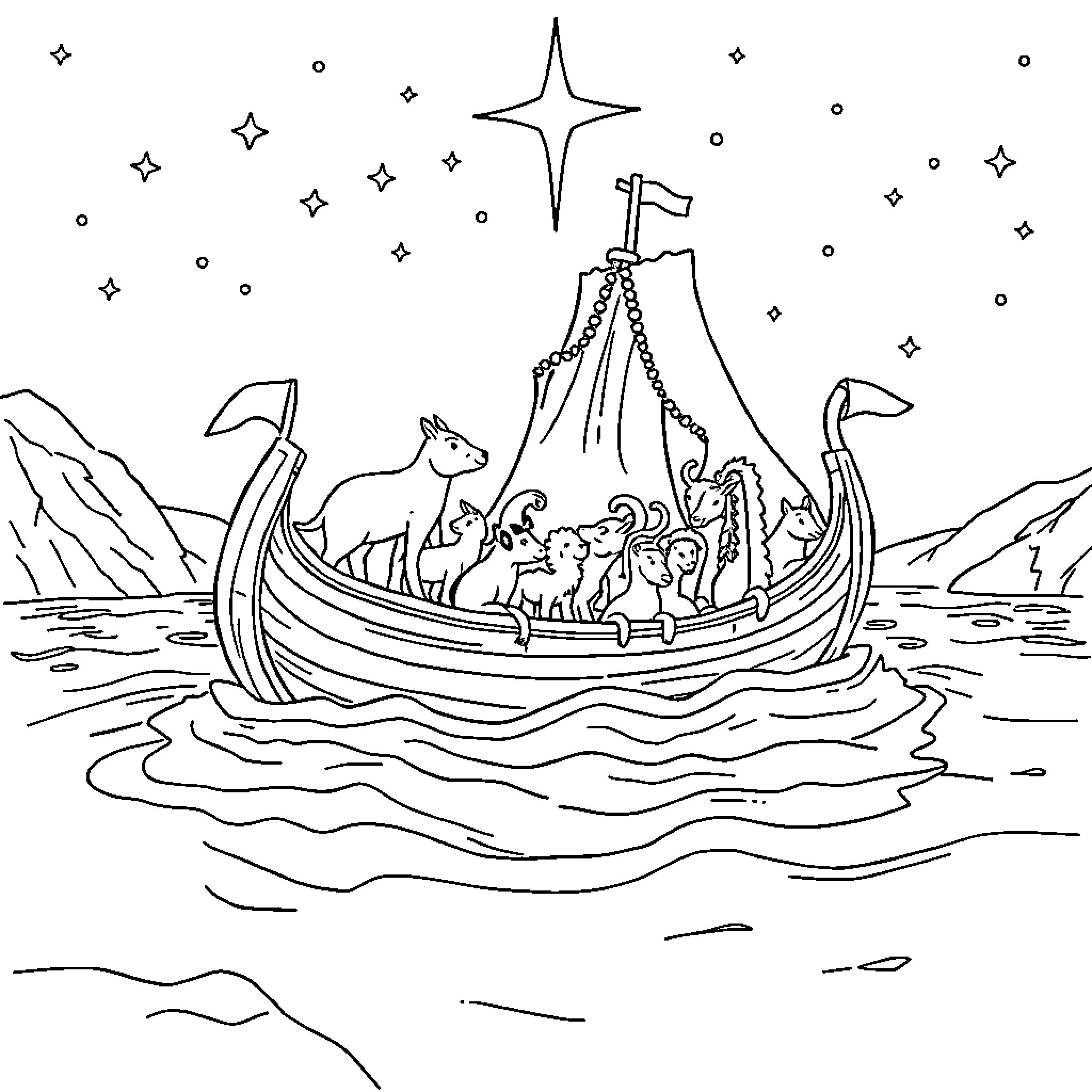 Noah's Ark Carrying Animals on the Stormy Sea Coloring Page (free black-and-white line drawing printable PDF for all, from beginners to advanced learners, including children, teens, adults, and seniors)